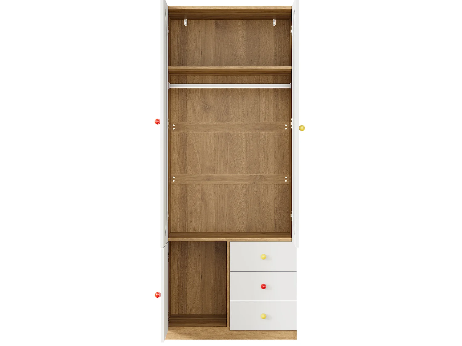 Set di 2 armadi per bambini 80x45x200 cm - Con penderia - 2 porte e 3 cassetti - Maniglie in ceramica - Finitura lucida - Bianco