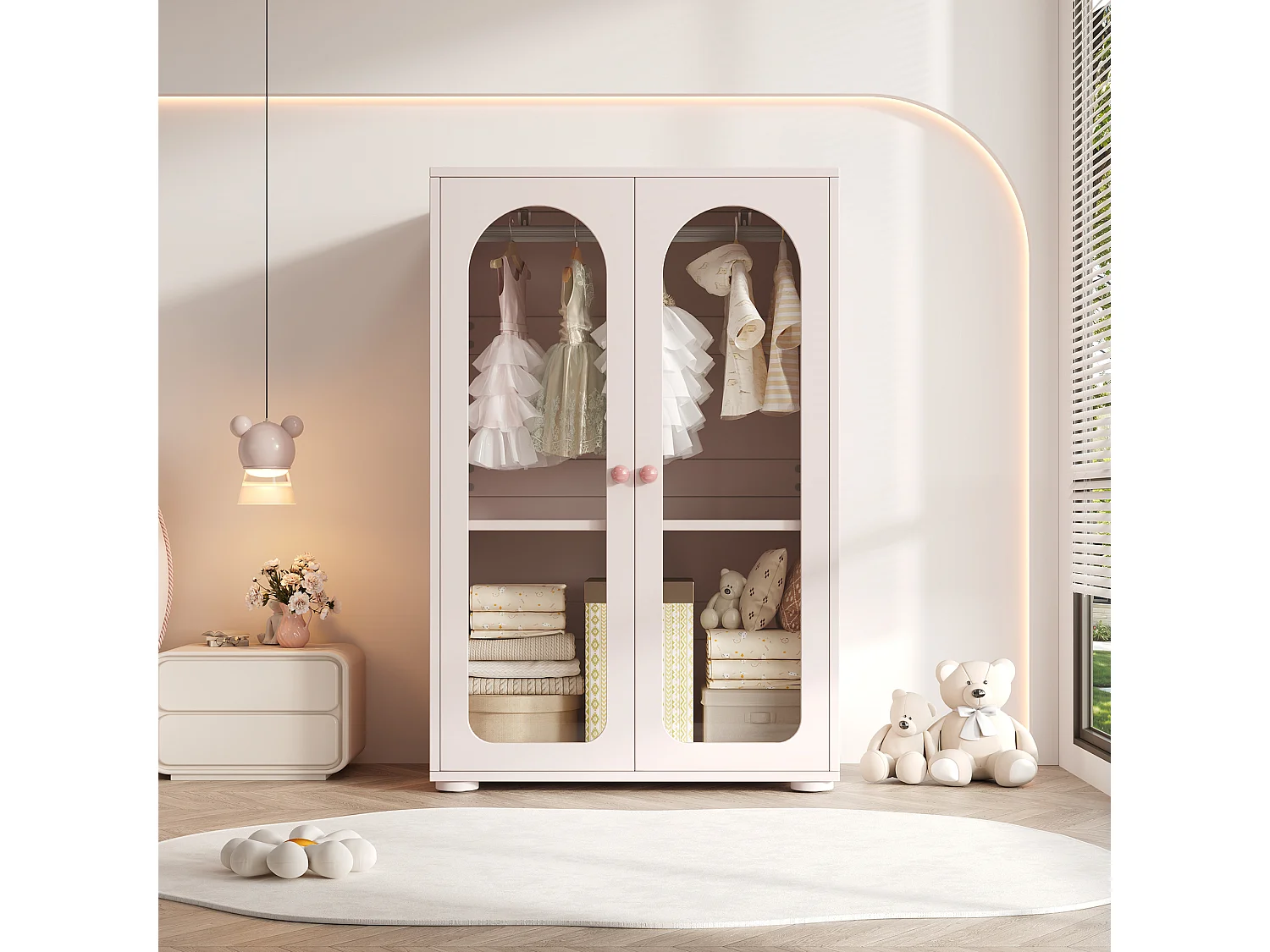 Armadio per bambini 80x50x120 cm - Con barra - 2 porte in acrilico - Maniglie in ceramica - Finitura verniciata - Rosa