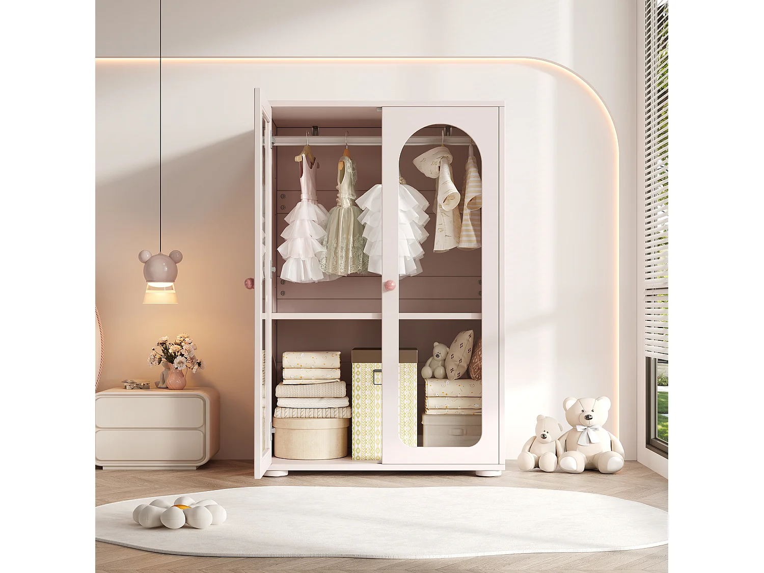 Armadio per bambini 80x50x120 cm - Con barra - 2 porte in acrilico - Maniglie in ceramica - Finitura verniciata - Rosa