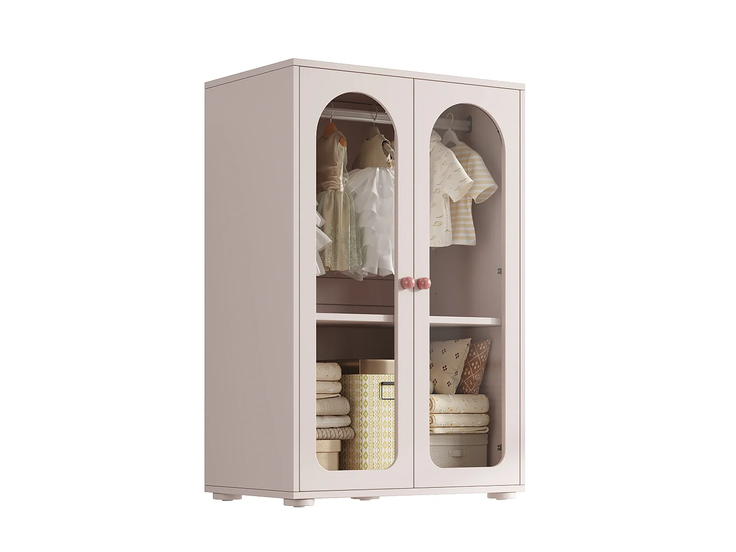 Armadio per bambini 80x50x120 cm - Con barra - 2 porte in acrilico - Maniglie in ceramica - Finitura verniciata - Rosa