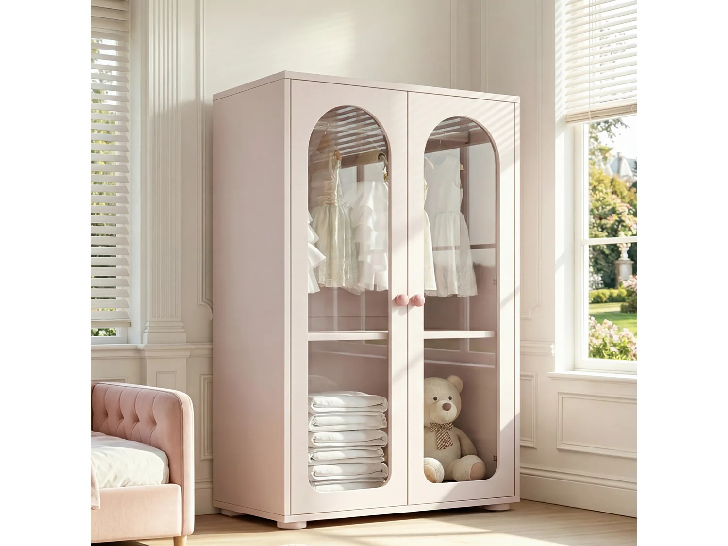 Børneskab 80x50x120 cm - Med stang - 2 acryl døre - Keramikhåndtag - Malet finish - Rosa
