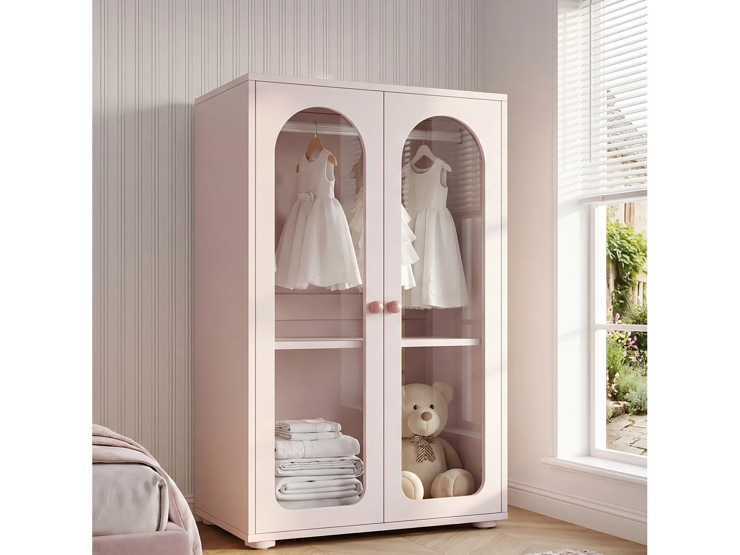 Børneskab 80x50x120 cm - Med stang - 2 acryl døre - Keramikhåndtag - Malet finish - Rosa