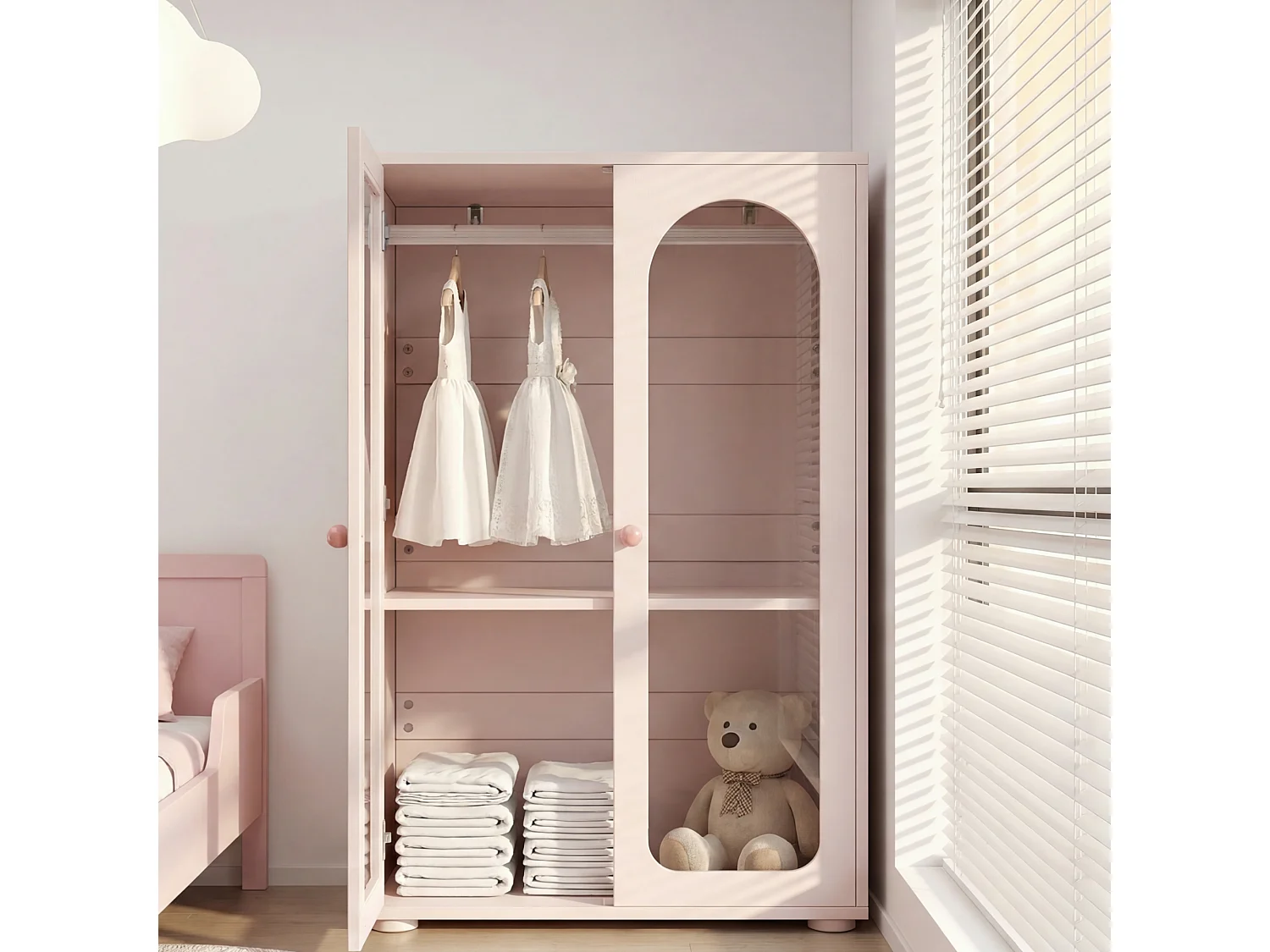 Børneskab 80x50x120 cm - Med stang - 2 acryl døre - Keramikhåndtag - Malet finish - Rosa
