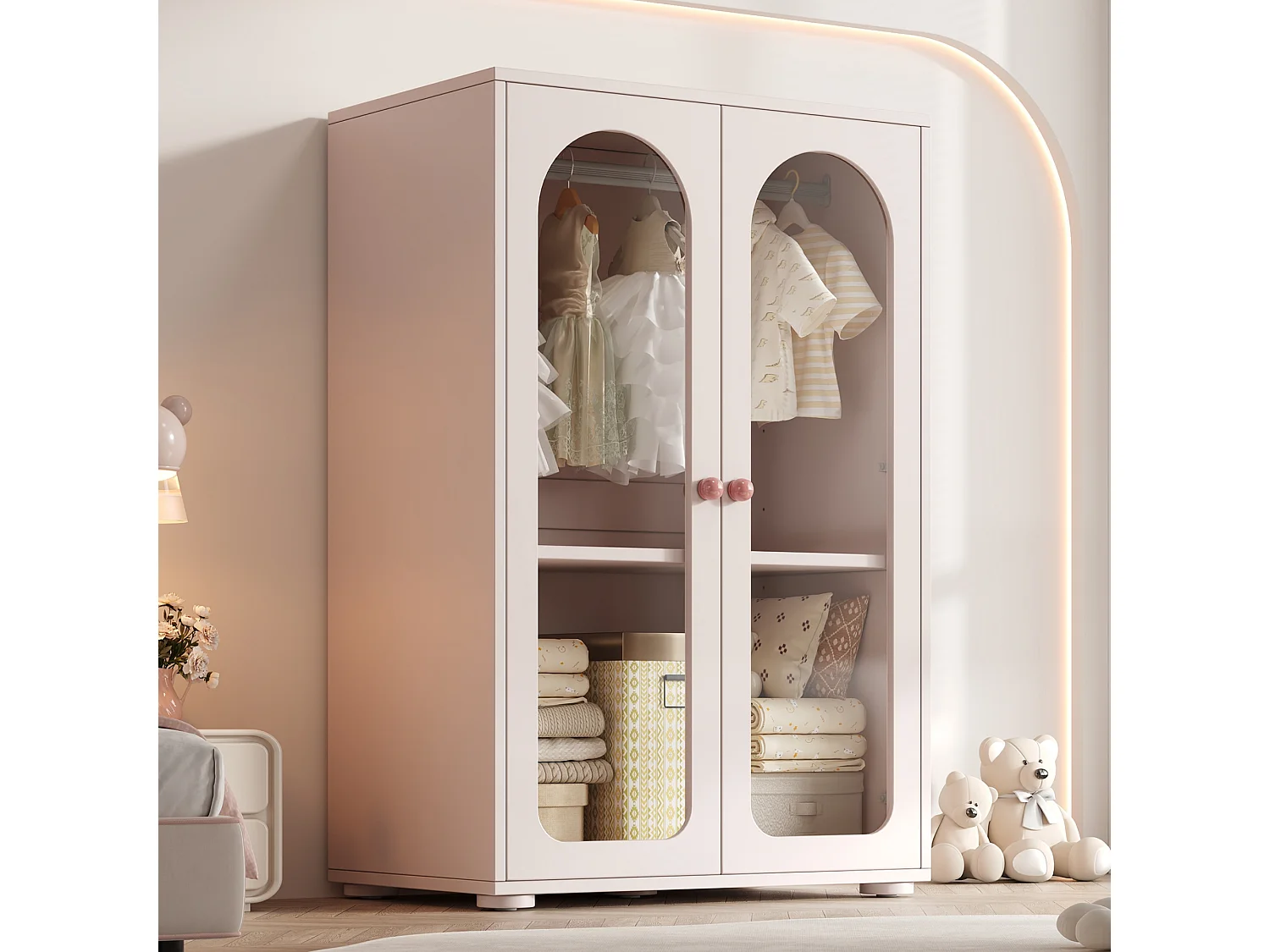 Børneskab 80x50x120 cm - Med stang - 2 acryl døre - Keramikhåndtag - Malet finish - Rosa