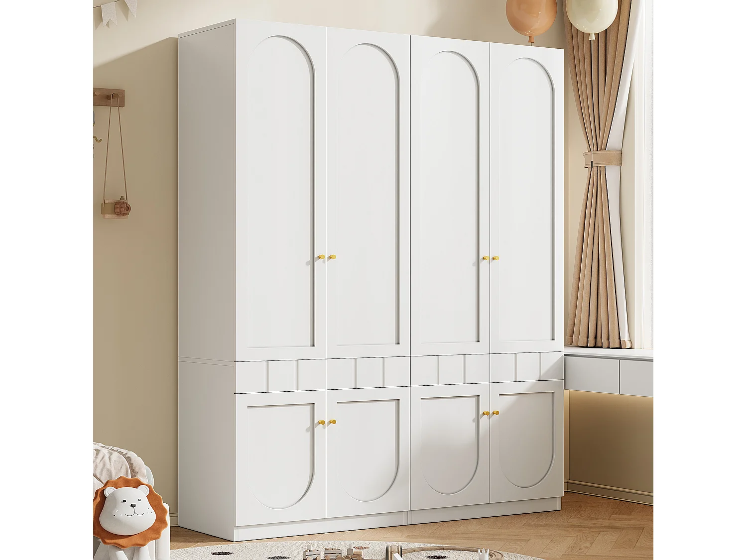 Armadio da camera - Finitura lucida - 8 porte e 4 cassetti - Con penderia - Maniglie in metallo - Bianco