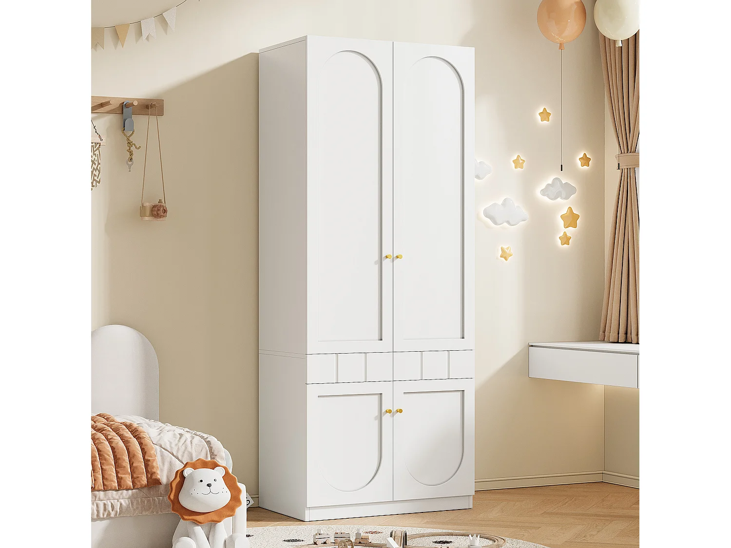 Armadio da camera - Finitura lucida - 4 porte e 2 cassetti - Con penderia - Maniglie in metallo - Bianco