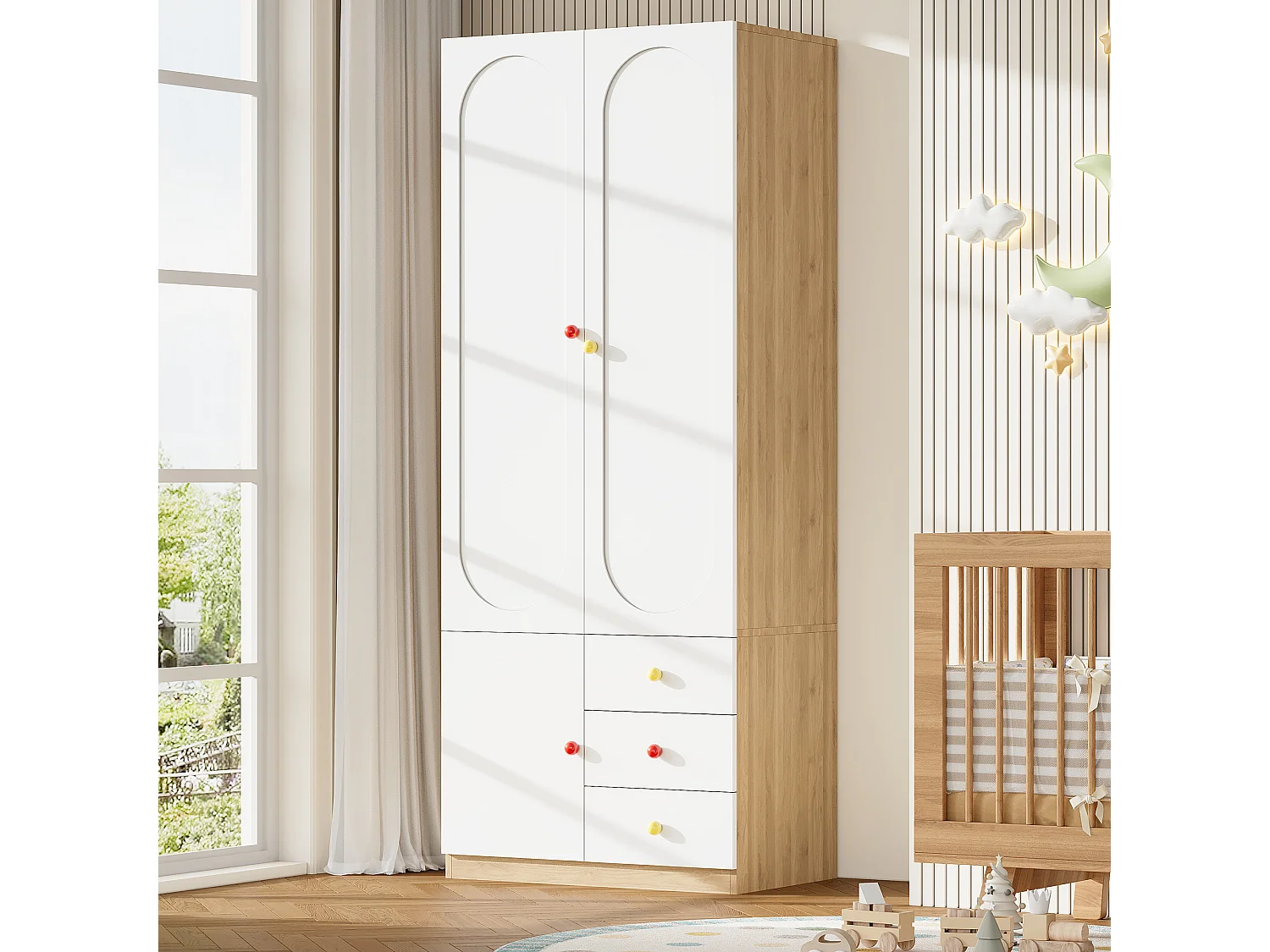 Armadio per bambini 80x45x200 cm - Con penderia - 2 porte e 3 cassetti - Maniglie in ceramica colorata - Finitura lucida - Bianco