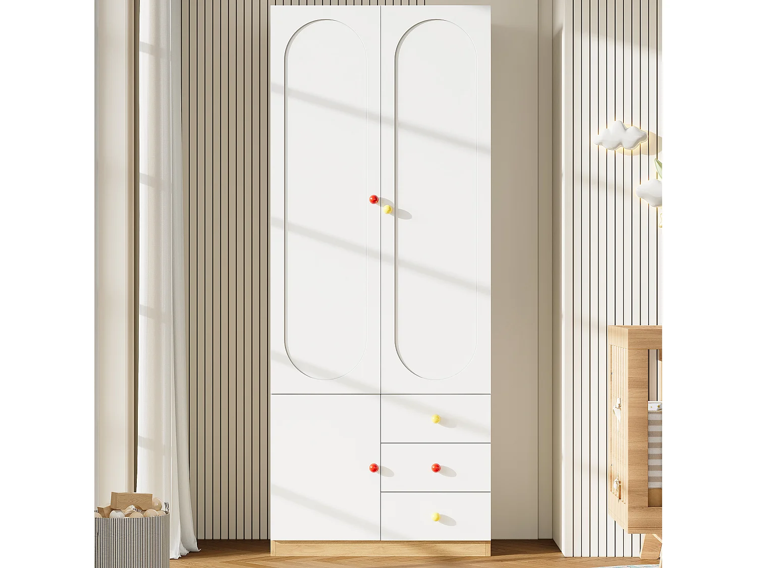 Armadio per bambini 80x45x200 cm - Con penderia - 2 porte e 3 cassetti - Maniglie in ceramica colorata - Finitura lucida - Bianco