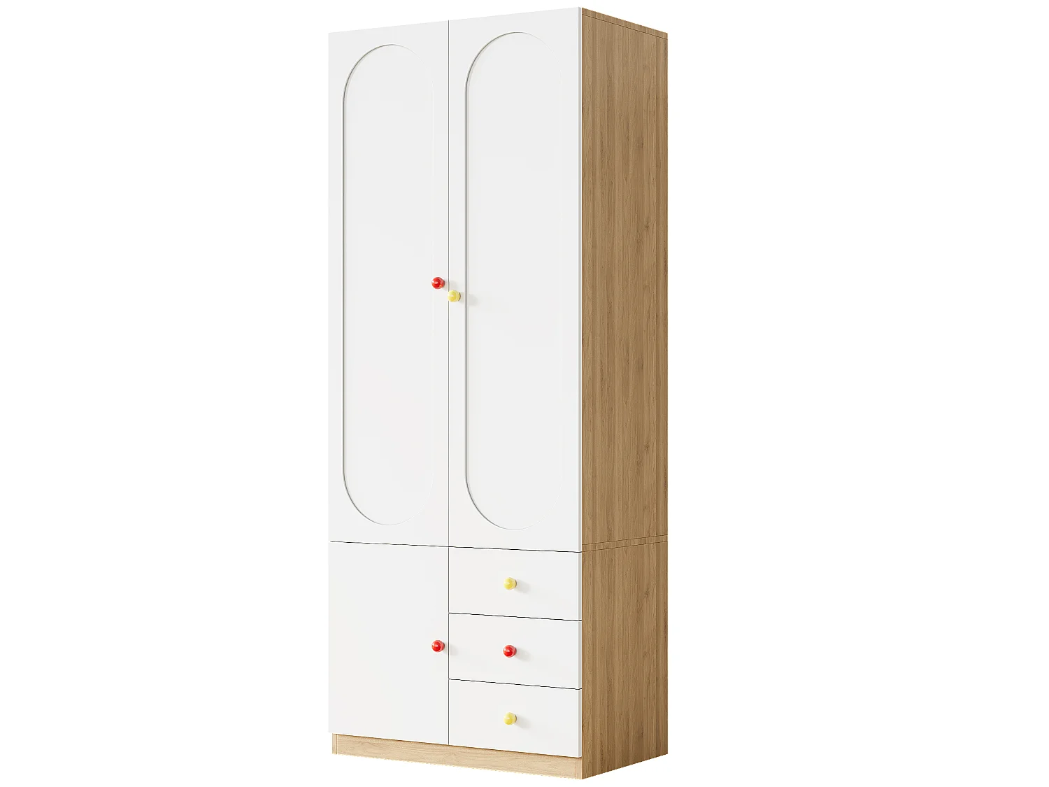 Armadio per bambini 80x45x200 cm - Con penderia - 2 porte e 3 cassetti - Maniglie in ceramica colorata - Finitura lucida - Bianco