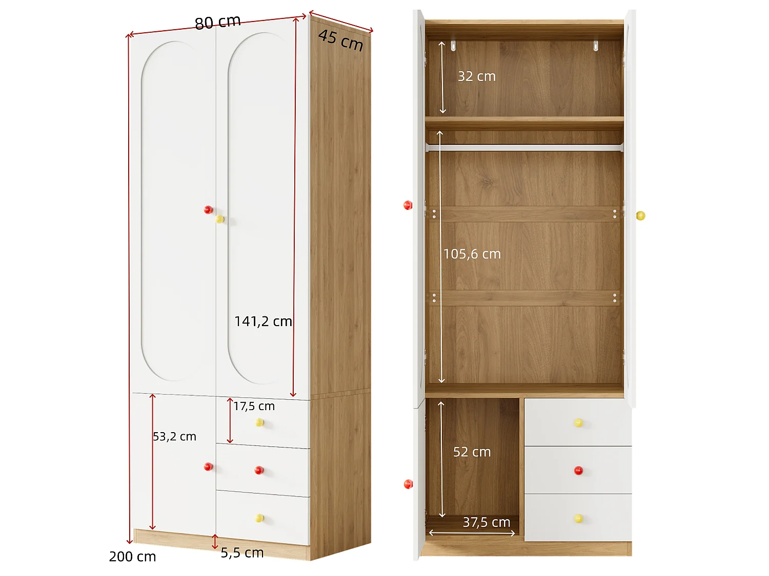 Armadio per bambini 80x45x200 cm - Con penderia - 2 porte e 3 cassetti - Maniglie in ceramica colorata - Finitura lucida - Bianco