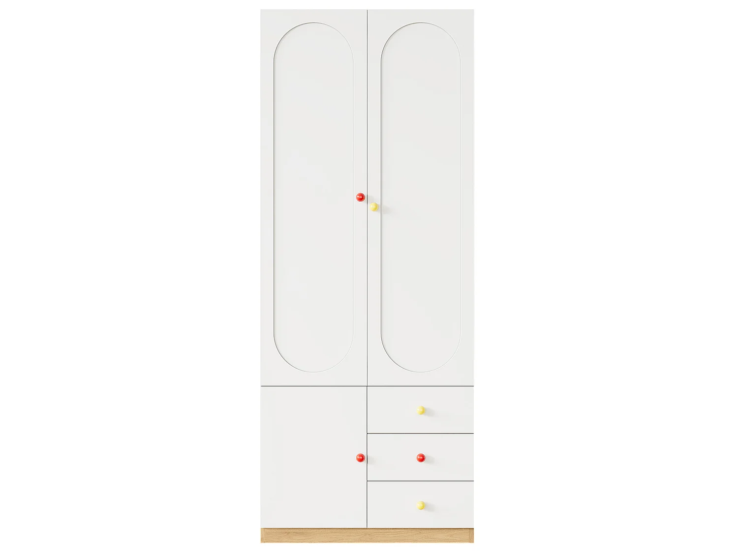 Armadio per bambini 80x45x200 cm - Con penderia - 2 porte e 3 cassetti - Maniglie in ceramica colorata - Finitura lucida - Bianco