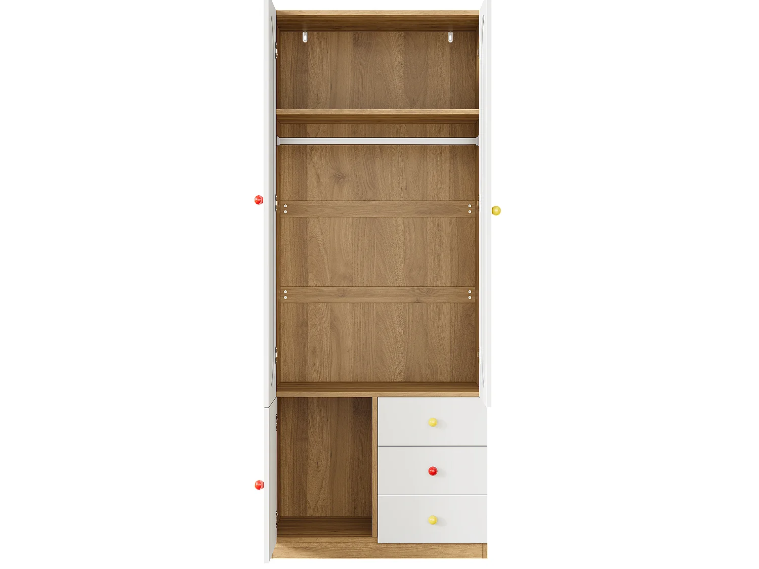Armadio per bambini 80x45x200 cm - Con penderia - 2 porte e 3 cassetti - Maniglie in ceramica colorata - Finitura lucida - Bianco