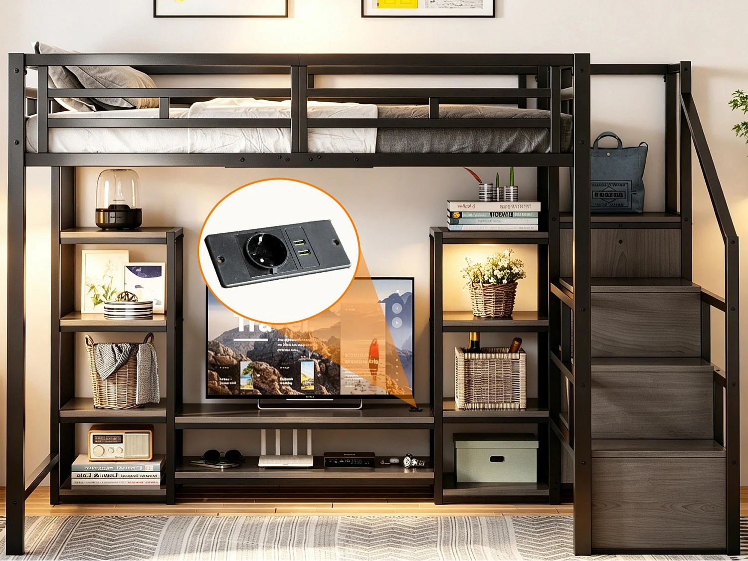 Lit mezzanine 140x200 - avec prise électrique - avec échelle de sécurité - Noir (matelas non inclus)