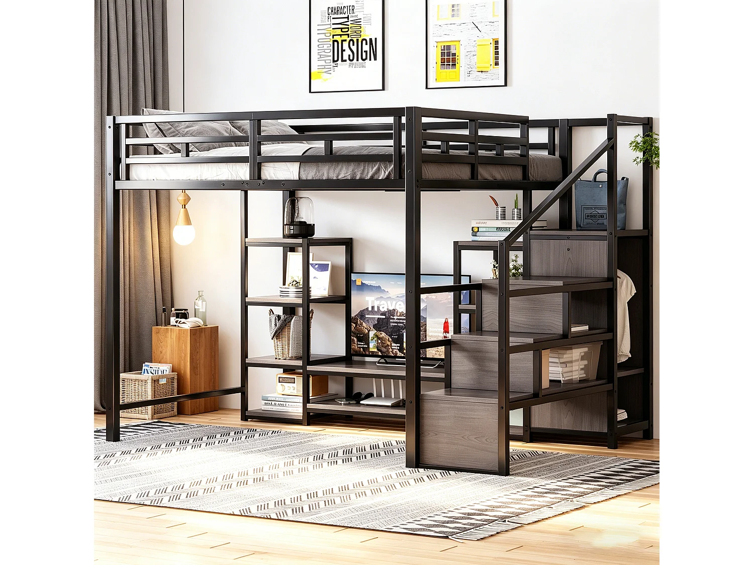 Lit mezzanine 140x200 - avec prise électrique - avec échelle de sécurité - Noir (matelas non inclus)