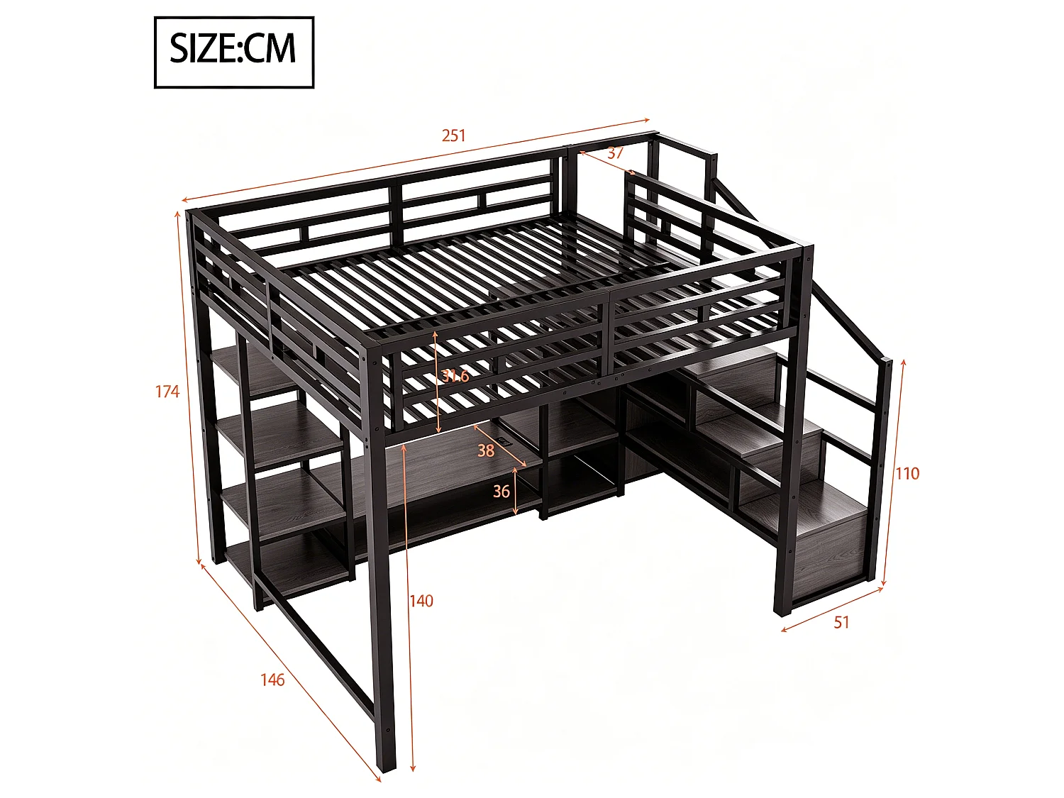 Lit mezzanine 140x200 - avec prise électrique - avec échelle de sécurité - Noir (matelas non inclus)