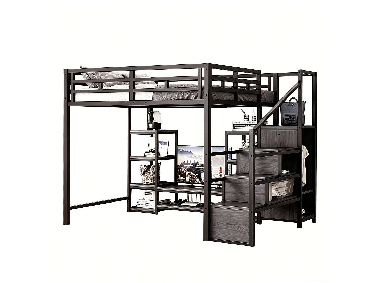 Lit mezzanine 140x200 - avec prise électrique - avec échelle de sécurité - Noir (matelas non inclus)