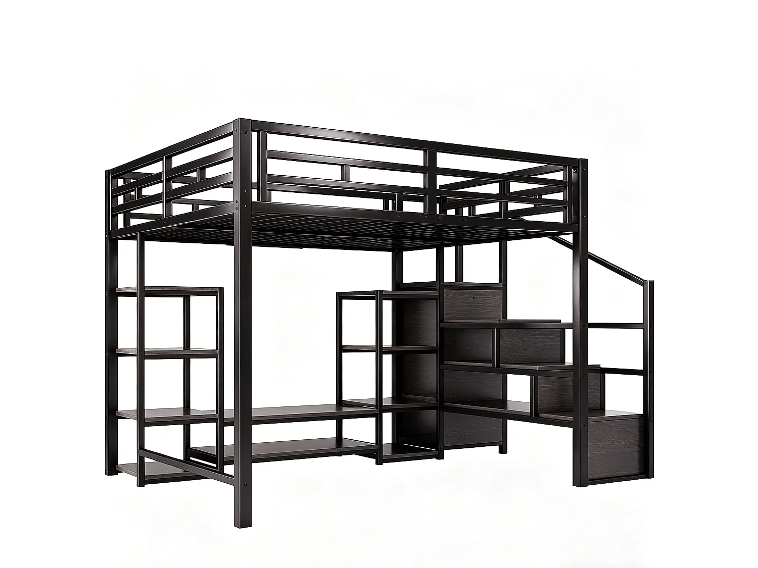 Lit mezzanine 140x200 - avec prise électrique - avec échelle de sécurité - Noir (matelas non inclus)