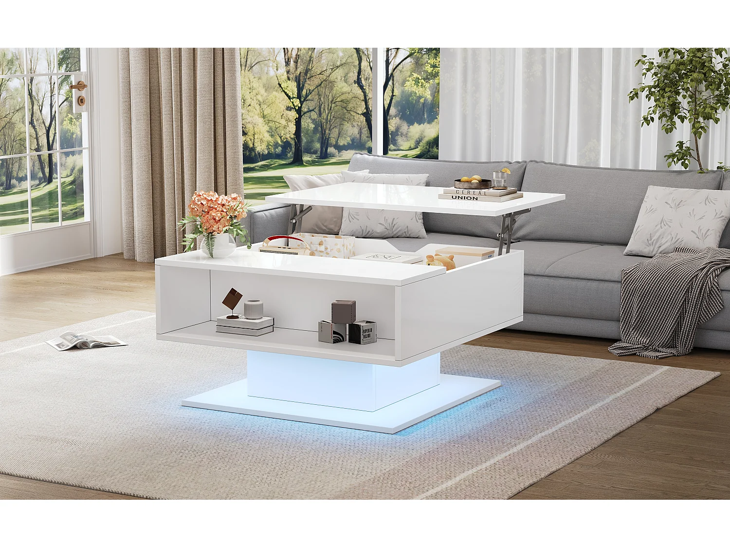 Table basse relevable laquée brillante avec rangement - Blanc 80 x 75 x 40 cm