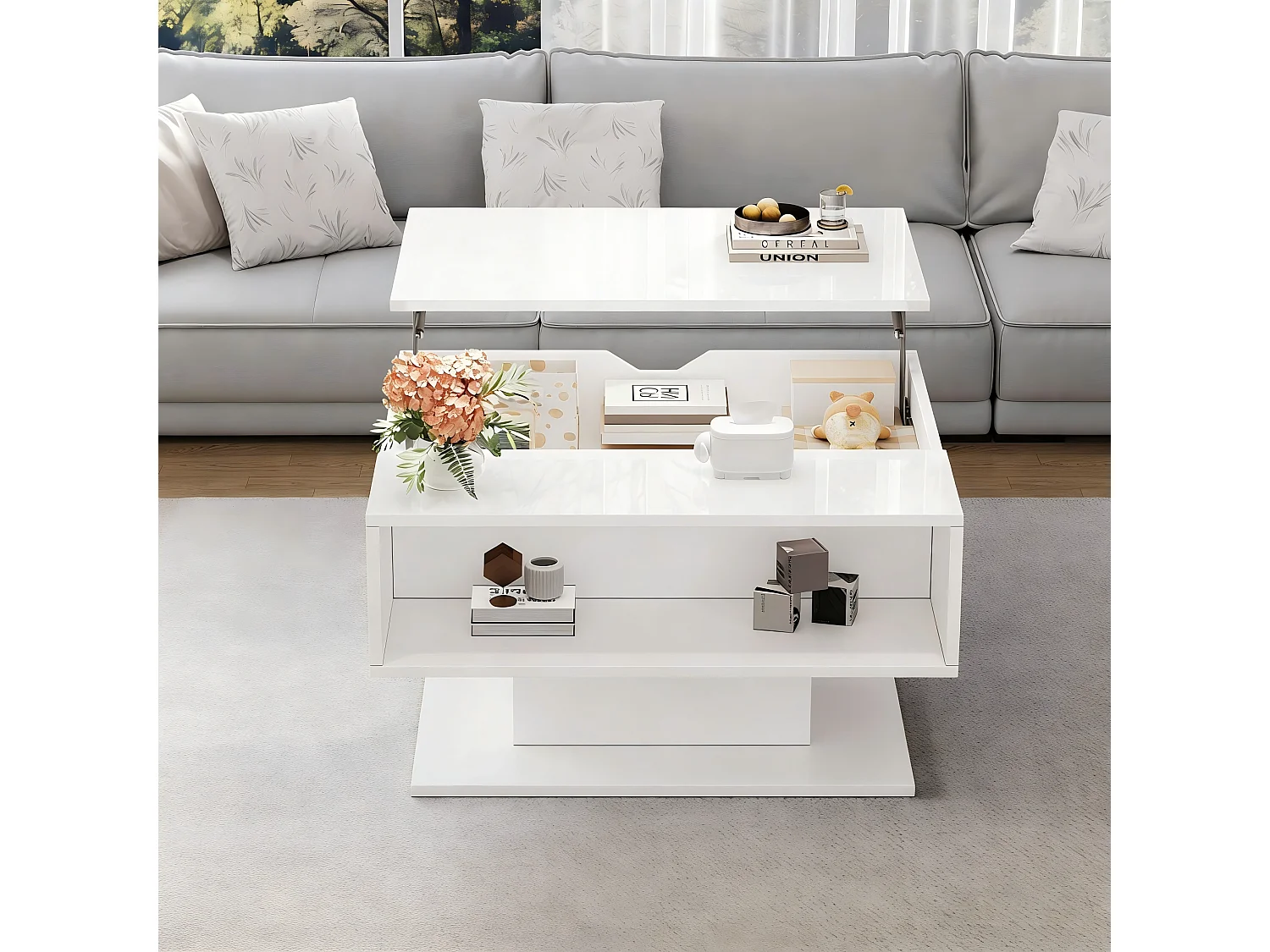 Table basse relevable laquée brillante avec rangement - Blanc 80 x 75 x 40 cm