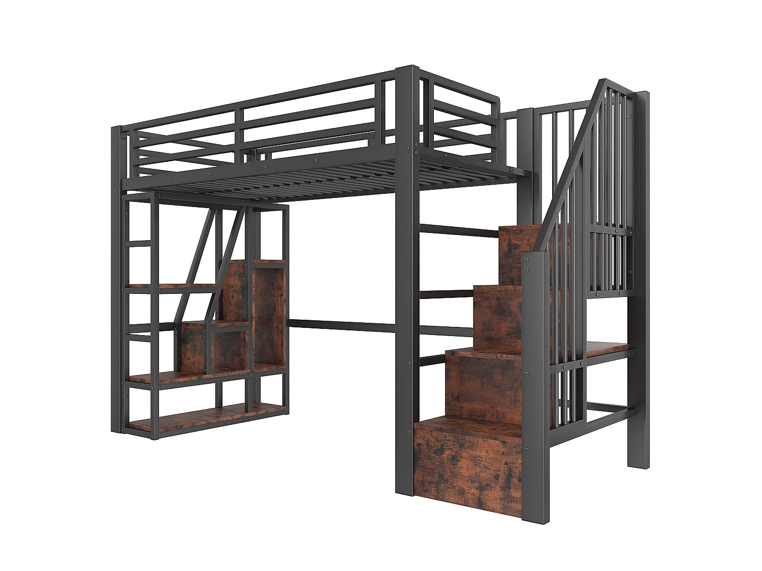 Lit mezzanine enfant 90x200 cm avec LED et rangements - Métal et bois MDF noir