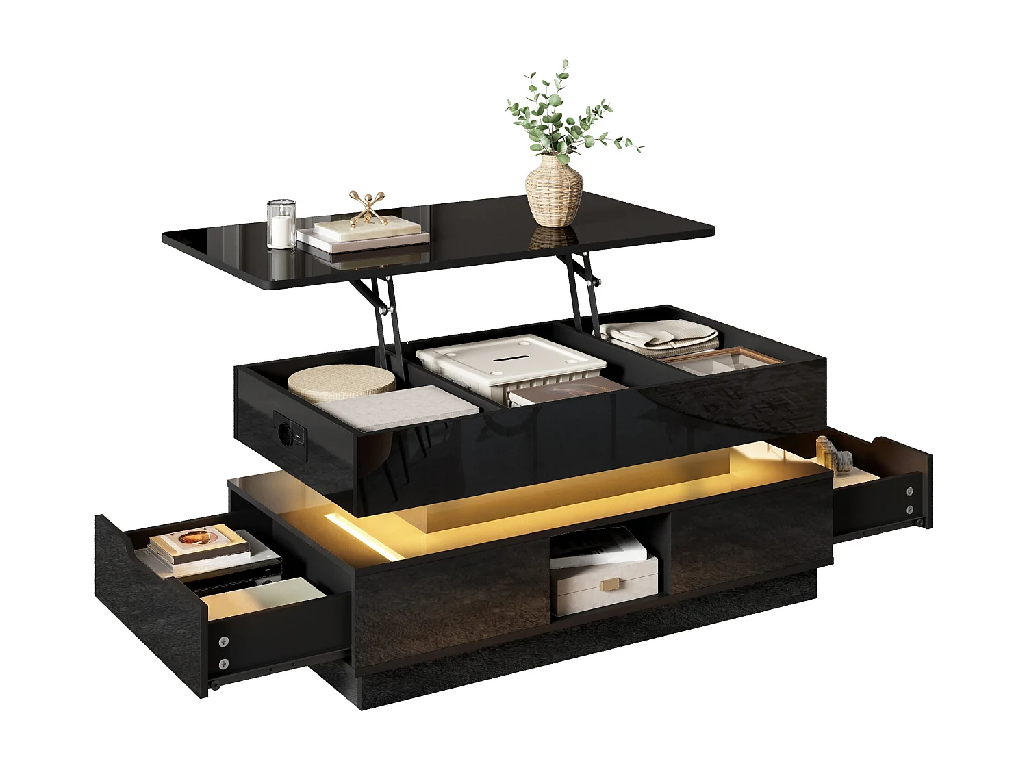 Hochglanzlackierter Couchtisch mit Hubfunktion – 90 x 48 x 42,5 cm – mit LED-Beleuchtung, Schubladen und Stauraum – MDF – schwarz