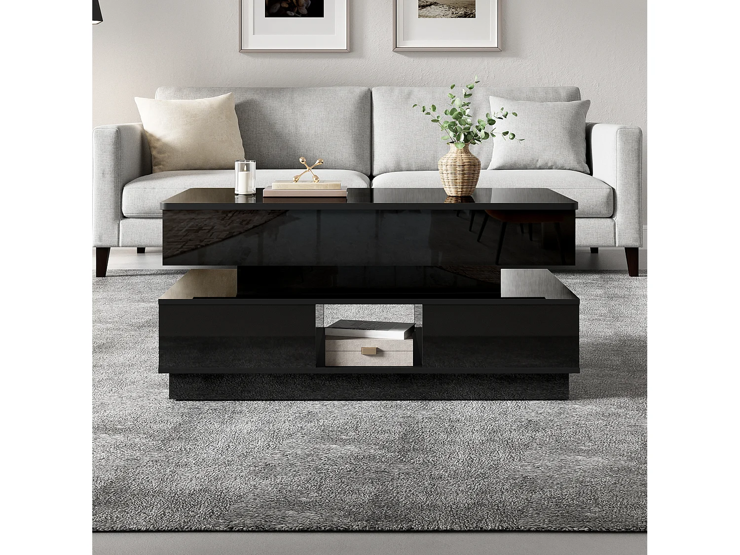 Hochglanzlackierter Couchtisch mit Hubfunktion – 90 x 48 x 42,5 cm – mit LED-Beleuchtung, Schubladen und Stauraum – MDF – schwarz