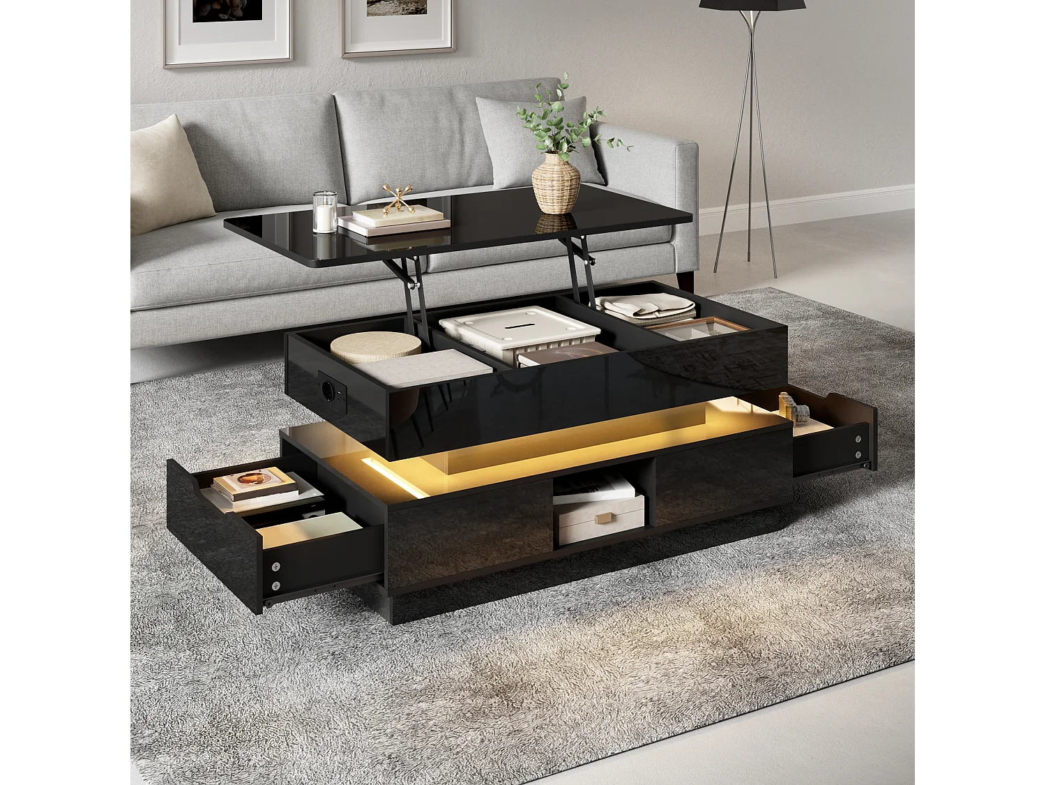 Hochglanzlackierter Couchtisch mit Hubfunktion – 90 x 48 x 42,5 cm – mit LED-Beleuchtung, Schubladen und Stauraum – MDF – schwarz