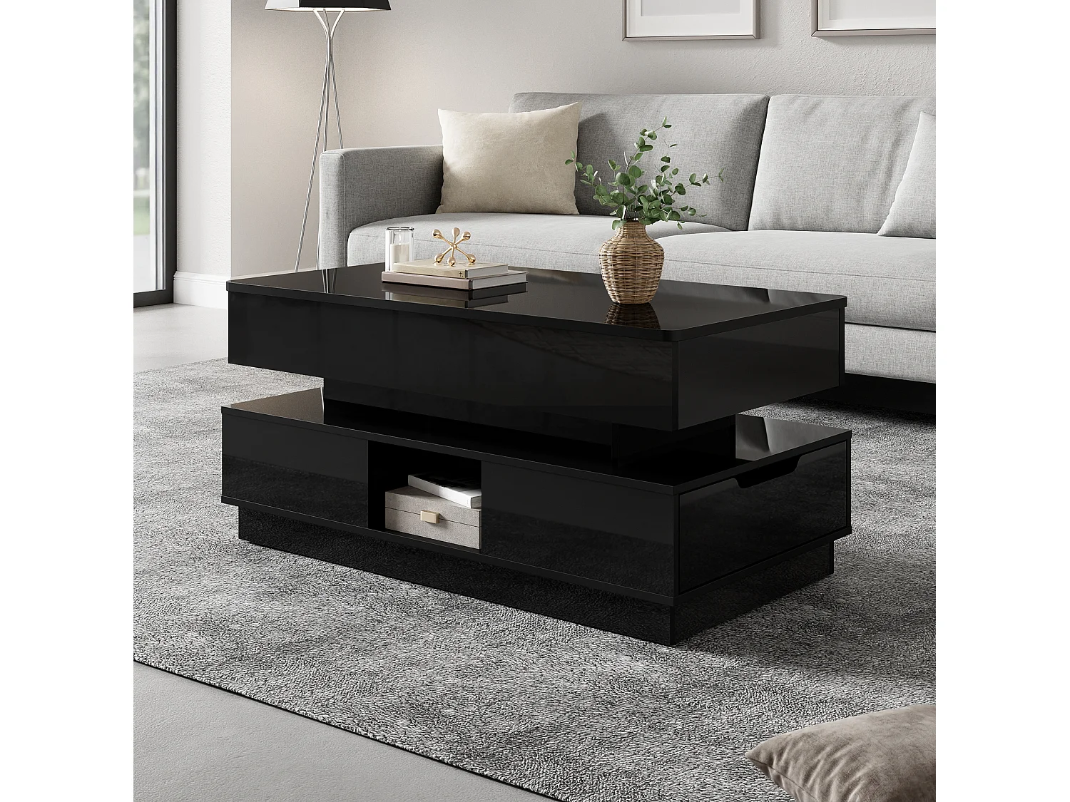 Hochglanzlackierter Couchtisch mit Hubfunktion – 90 x 48 x 42,5 cm – mit LED-Beleuchtung, Schubladen und Stauraum – MDF – schwarz