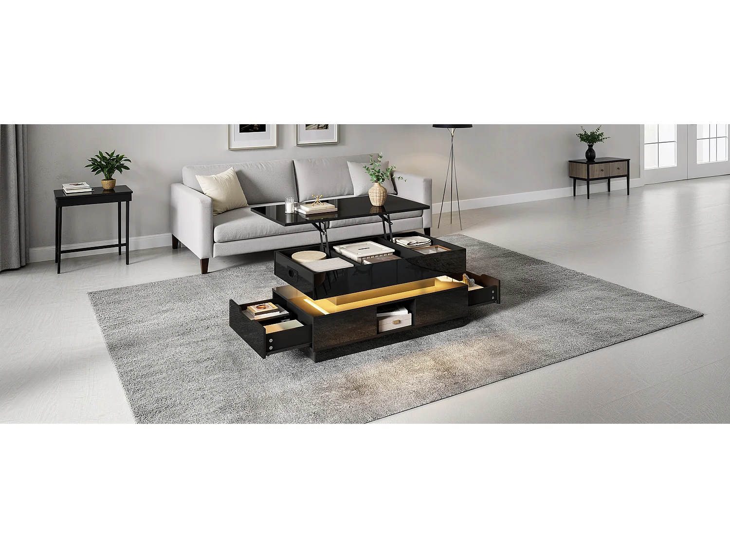 Hochglanzlackierter Couchtisch mit Hubfunktion – 90 x 48 x 42,5 cm – mit LED-Beleuchtung, Schubladen und Stauraum – MDF – schwarz