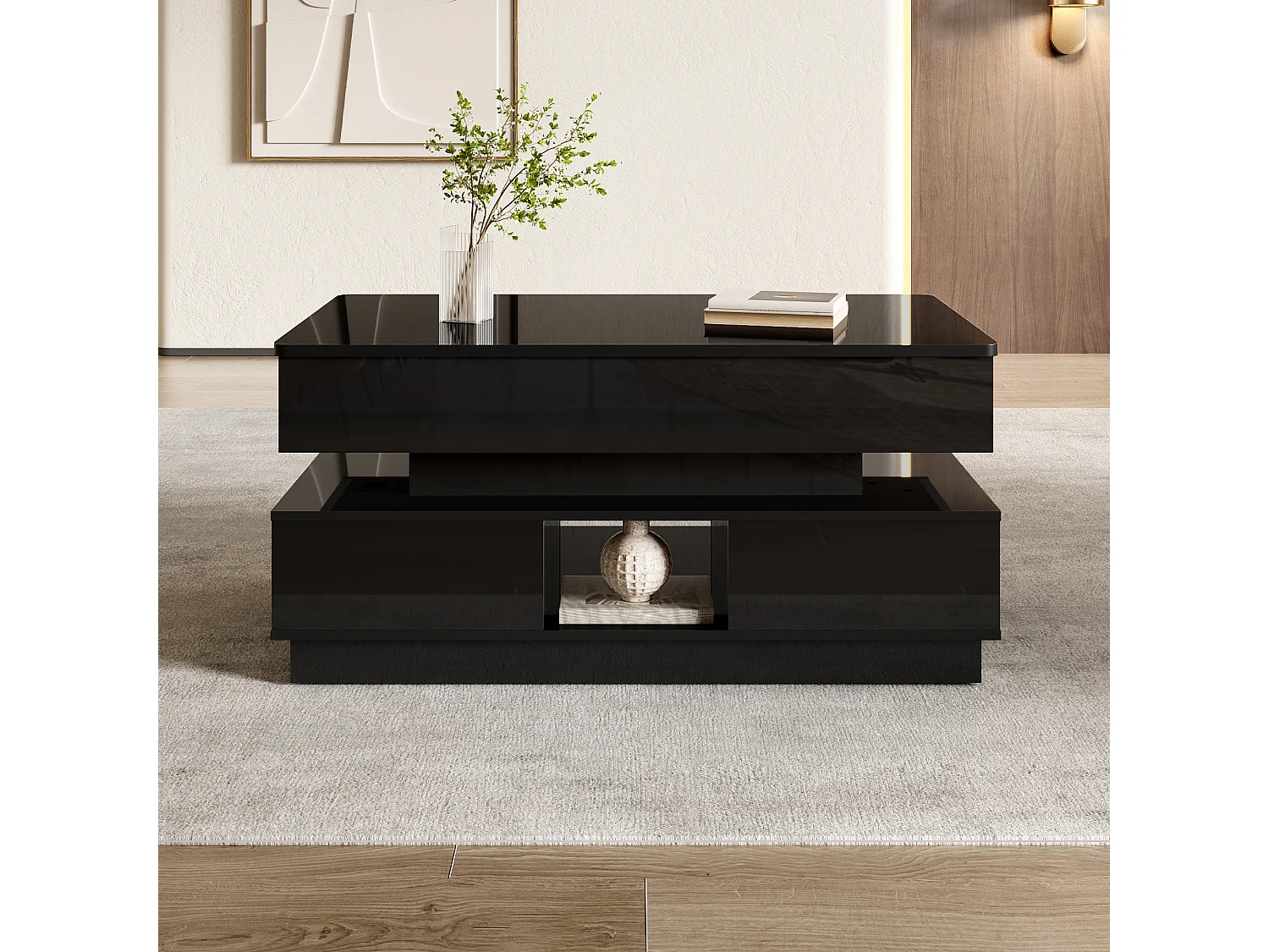 Hochglanzlackierter Couchtisch mit Hubfunktion – 90 x 48 x 42,5 cm – mit LED-Beleuchtung, Schubladen und Stauraum – MDF – schwarz