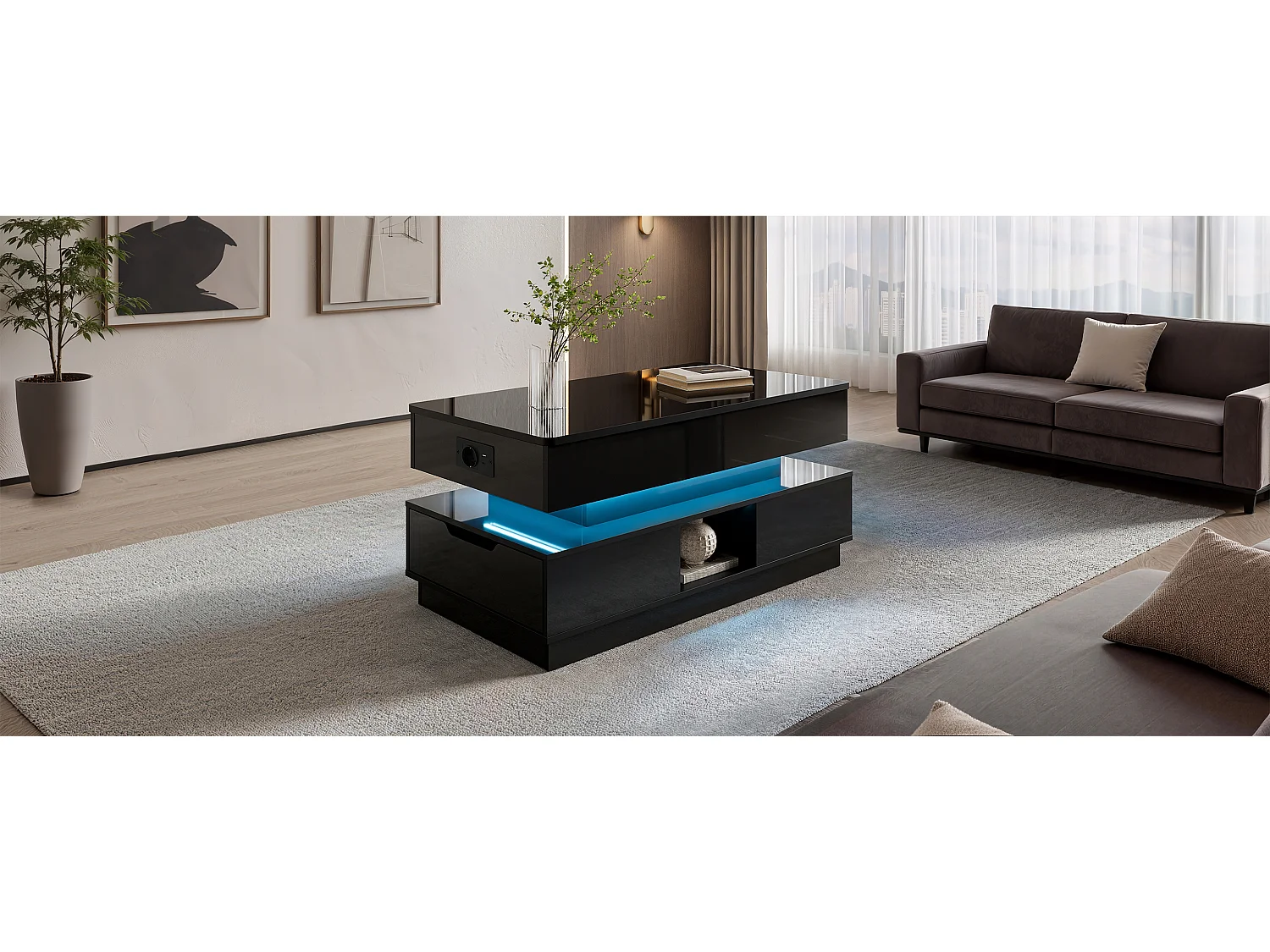 Hochglanzlackierter Couchtisch mit Hubfunktion – 90 x 48 x 42,5 cm – mit LED-Beleuchtung, Schubladen und Stauraum – MDF – schwarz