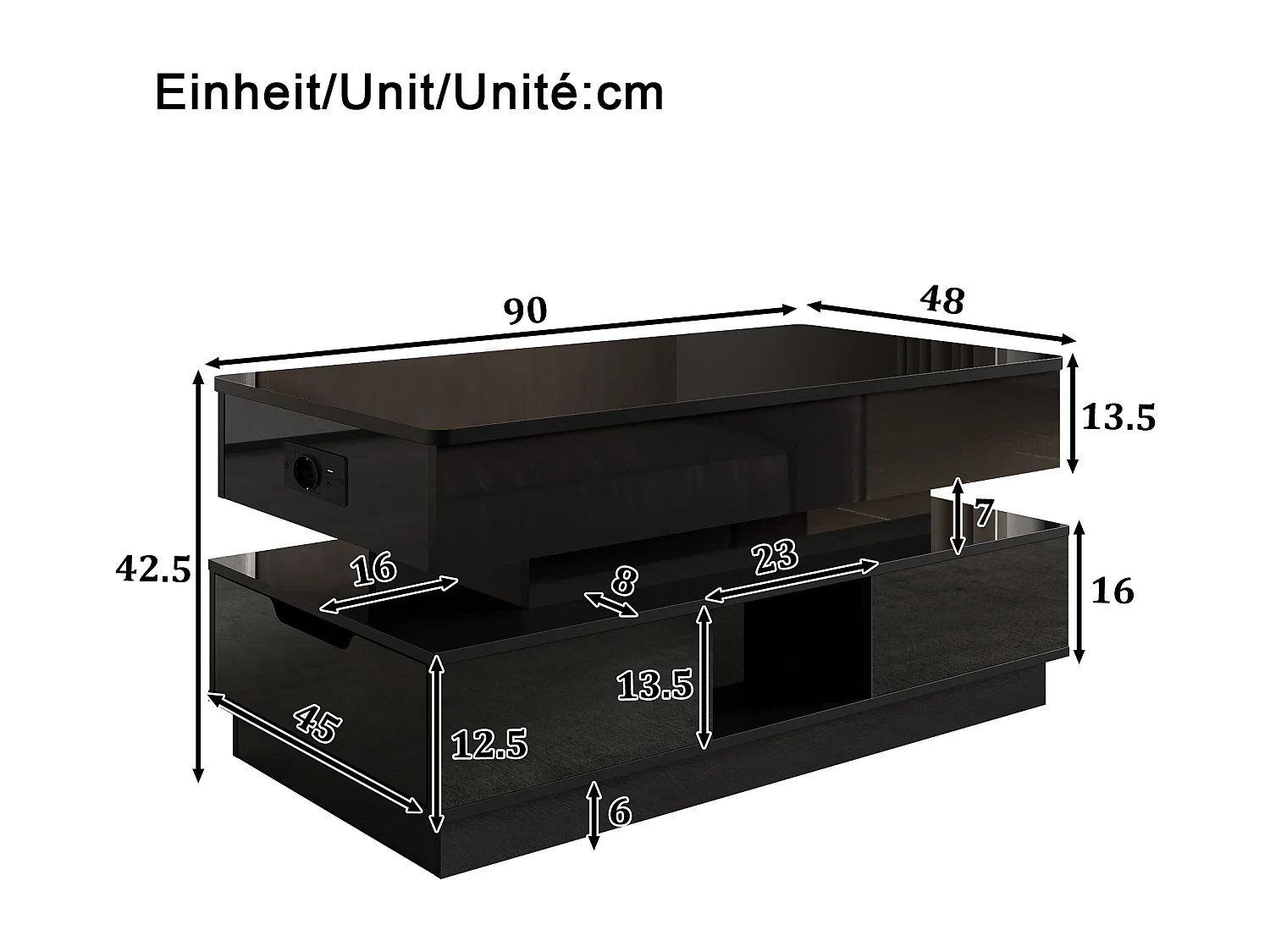 Hochglanzlackierter Couchtisch mit Hubfunktion – 90 x 48 x 42,5 cm – mit LED-Beleuchtung, Schubladen und Stauraum – MDF – schwarz