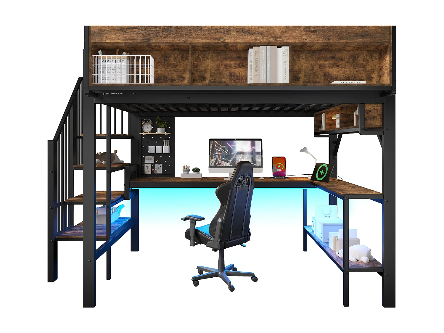 Lit mezzanine pour enfant - 140 x 200 cm - avec bureau + USB + Leds + étagères + escalier de rangement - bois - noir