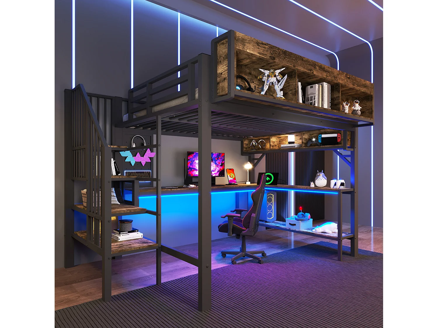 Lit mezzanine pour enfant - 140 x 200 cm - avec bureau + USB + Leds + étagères + escalier de rangement - bois - noir