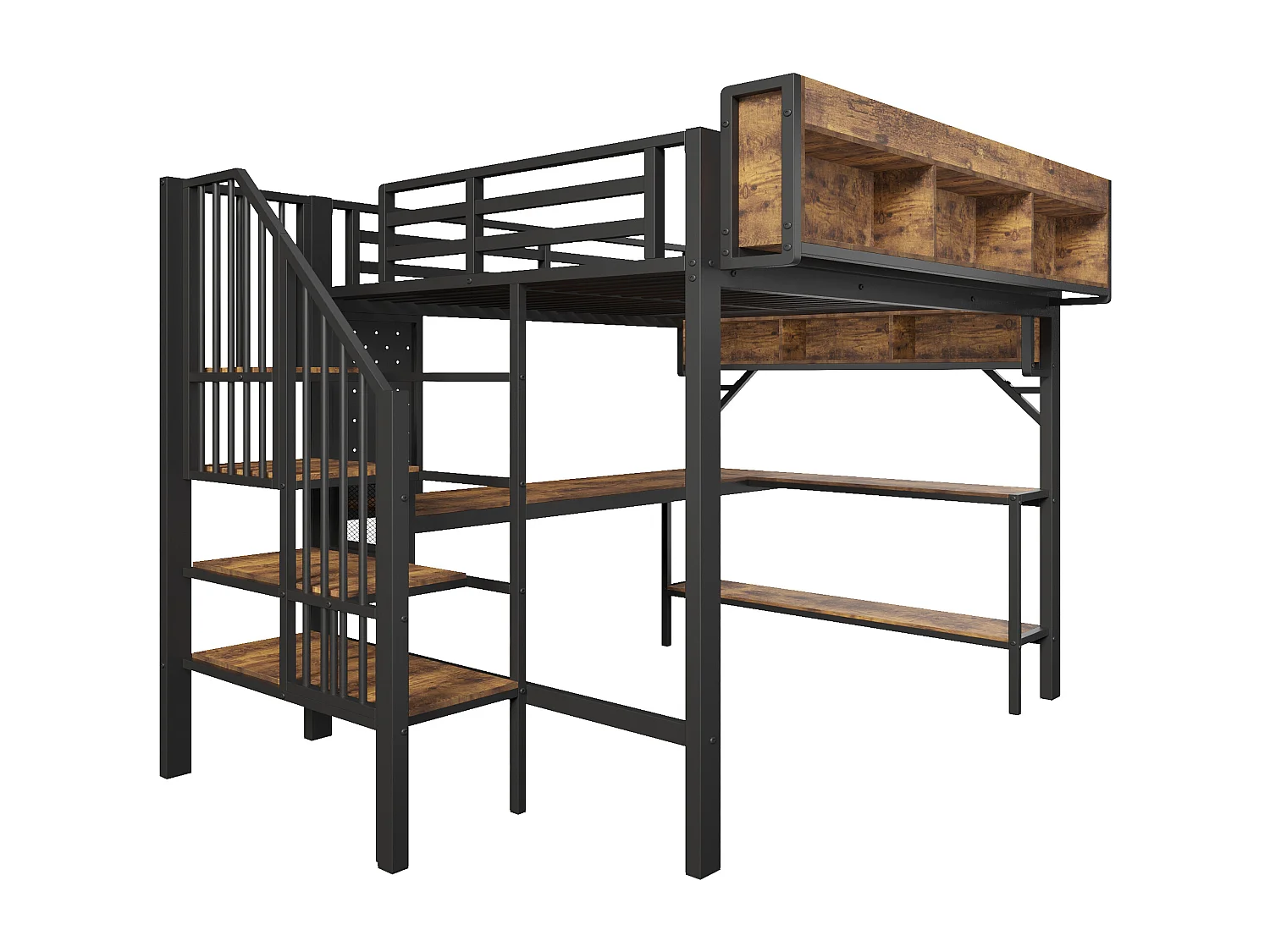 Lit mezzanine pour enfant - 140 x 200 cm - avec bureau + USB + Leds + étagères + escalier de rangement - bois - noir