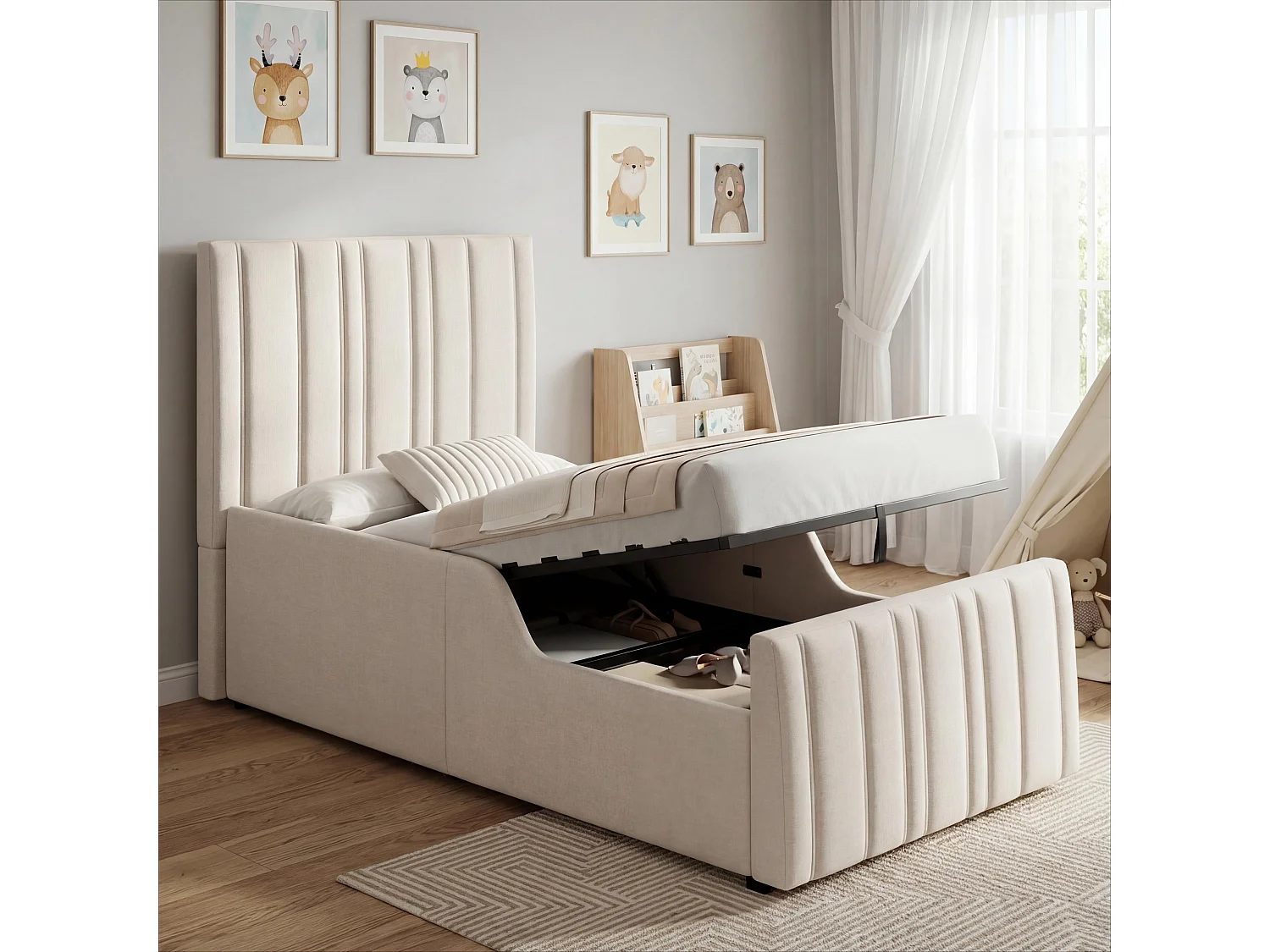 Lit enfant rembourré 90x200 cm - avec coffre de rangement - avec tête de lit capitonnée - sommier à lattes - Lin - Beige (sans matelas)