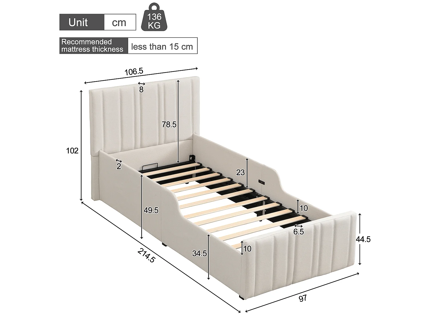Lit enfant rembourré 90x200 cm - avec coffre de rangement - avec tête de lit capitonnée - sommier à lattes - Lin - Beige (sans matelas)