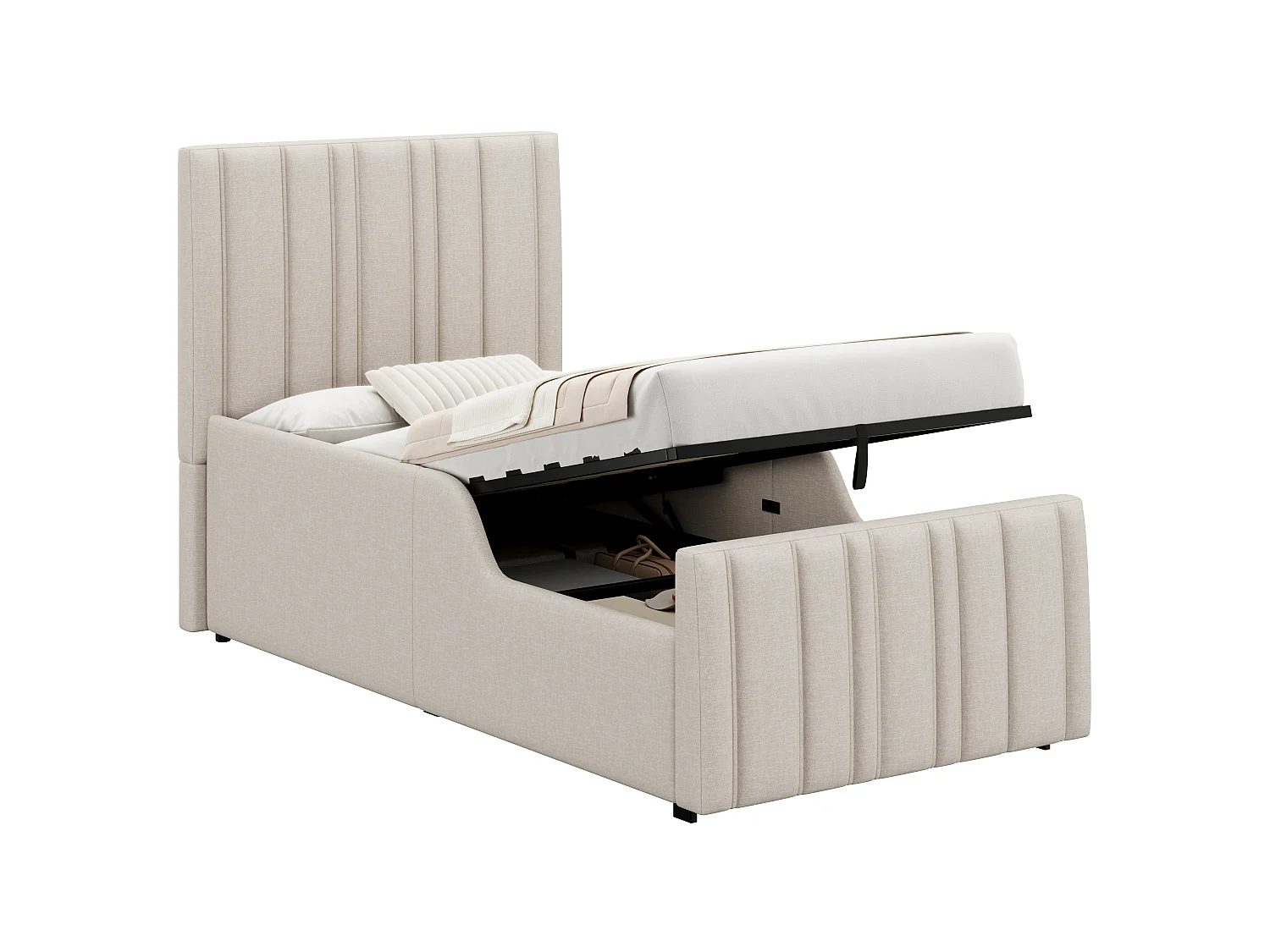 Lit enfant rembourré 90x200 cm - avec coffre de rangement - avec tête de lit capitonnée - sommier à lattes - Lin - Beige (sans matelas)