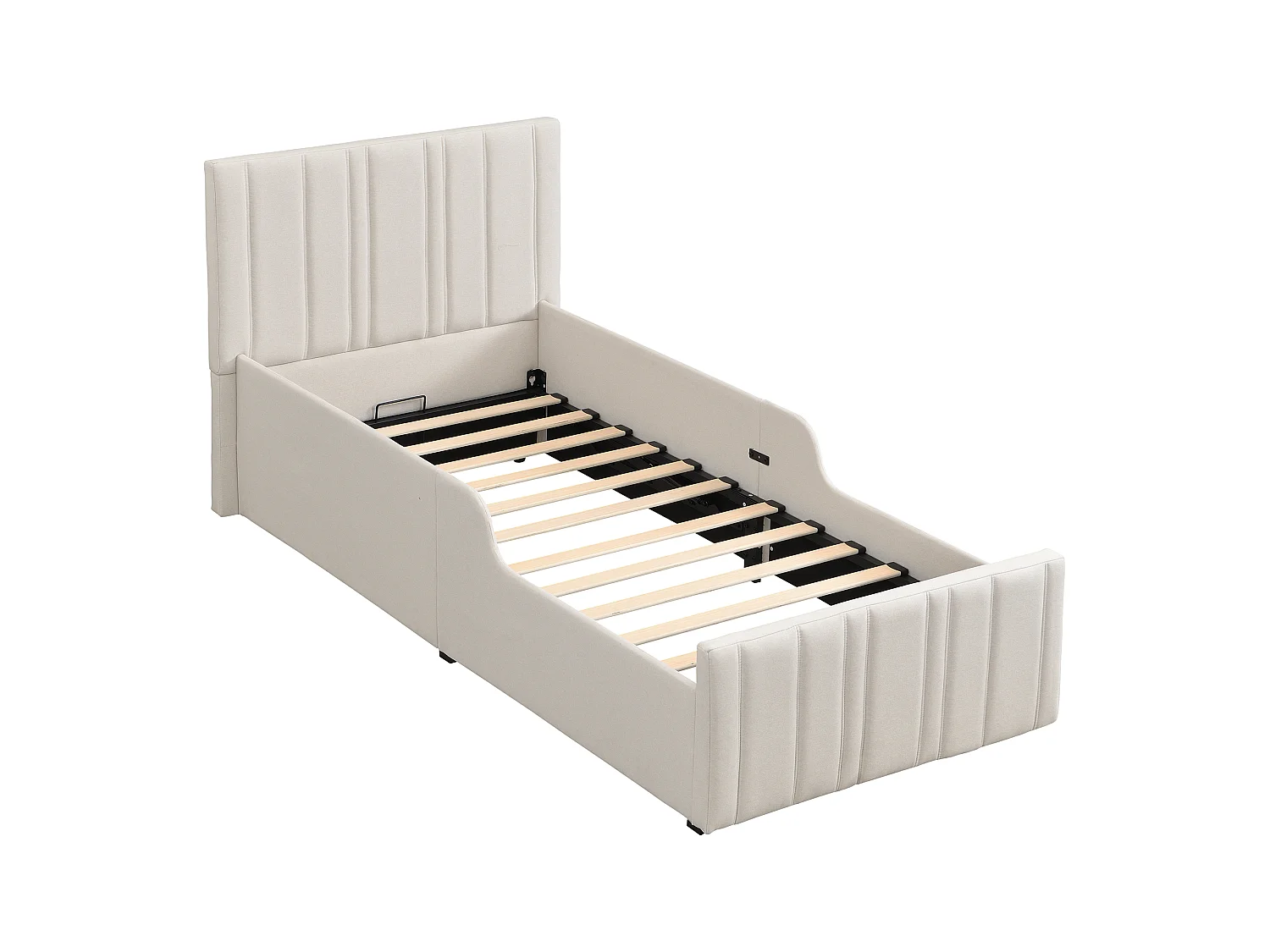 Lit enfant rembourré 90x200 cm - avec coffre de rangement - avec tête de lit capitonnée - sommier à lattes - Lin - Beige (sans matelas)