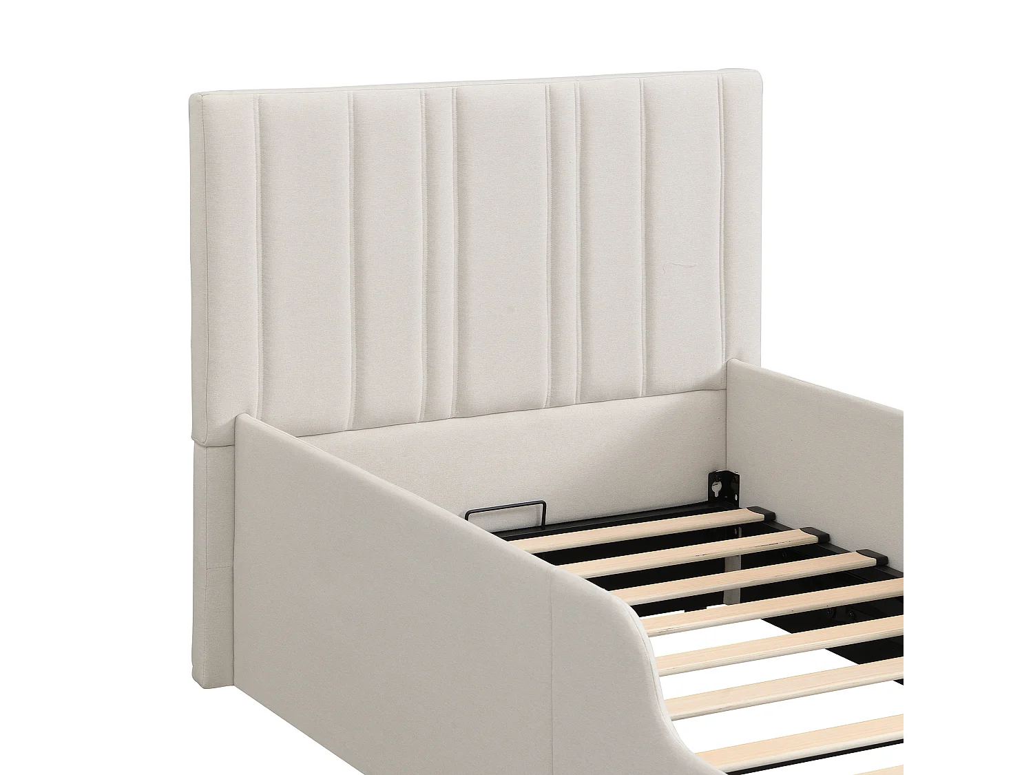 Lit enfant rembourré 90x200 cm - avec coffre de rangement - avec tête de lit capitonnée - sommier à lattes - Lin - Beige (sans matelas)