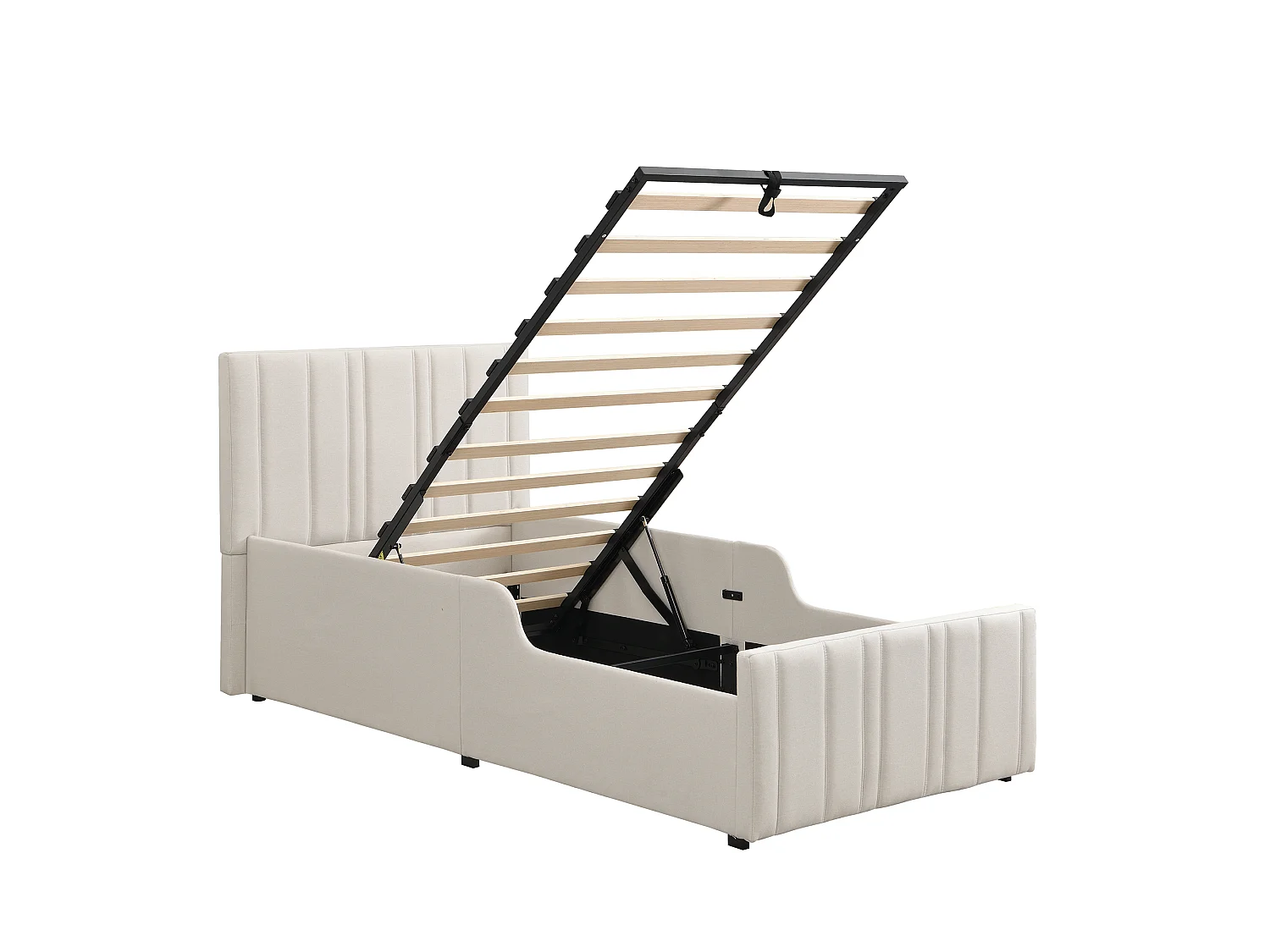 Lit enfant rembourré 90x200 cm - avec coffre de rangement - avec tête de lit capitonnée - sommier à lattes - Lin - Beige (sans matelas)