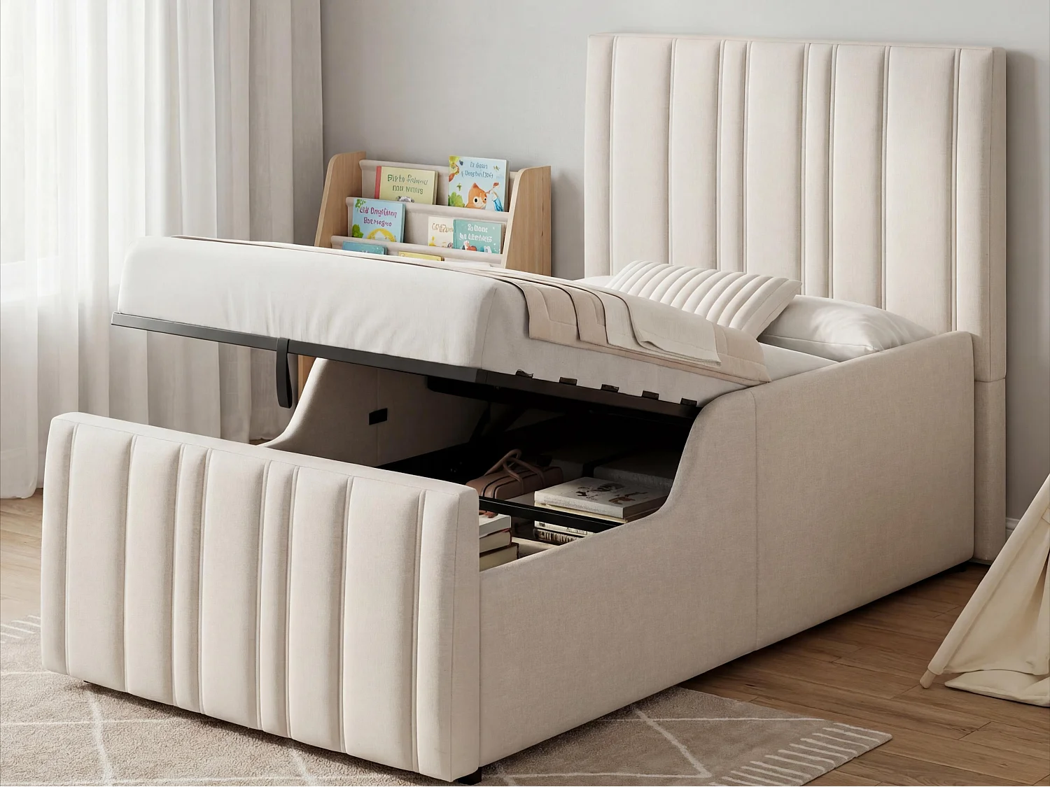 Lit enfant rembourré 90x200 cm - avec coffre de rangement - avec tête de lit capitonnée - sommier à lattes - Lin - Beige (sans matelas)