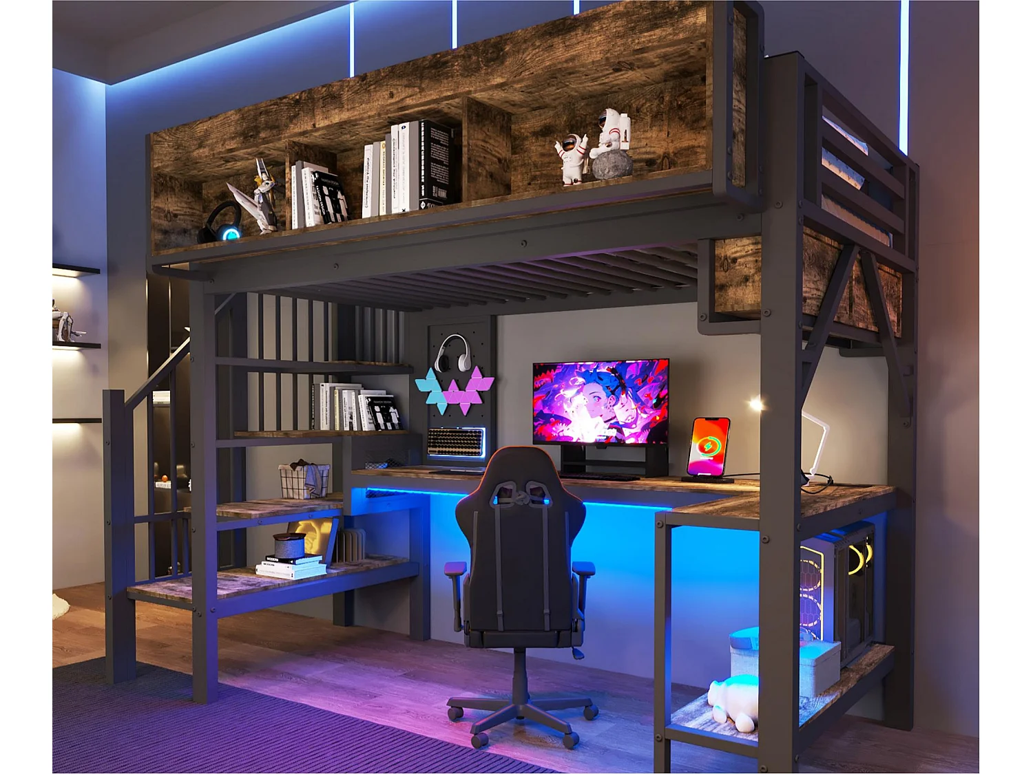 Lit mezzanine 90 x 200 cm - avec prise USB et lumière LED - avec bureau d'angle et espace de rangement - Noir (matelas non inclus)