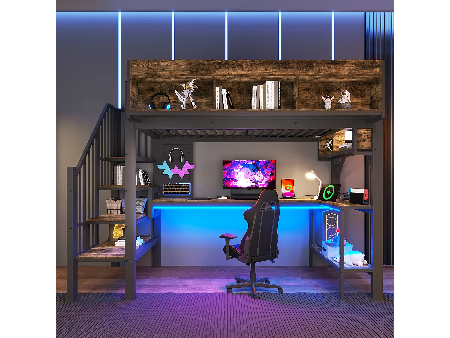 Lit mezzanine 90 x 200 cm - avec prise USB et lumière LED - avec bureau d'angle et espace de rangement - Noir (matelas non inclus)