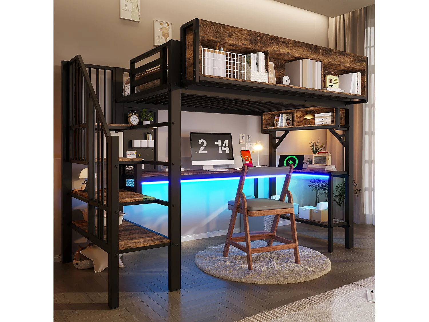 Lit mezzanine 90 x 200 cm - avec prise USB et lumière LED - avec bureau d'angle et espace de rangement - Noir (matelas non inclus)