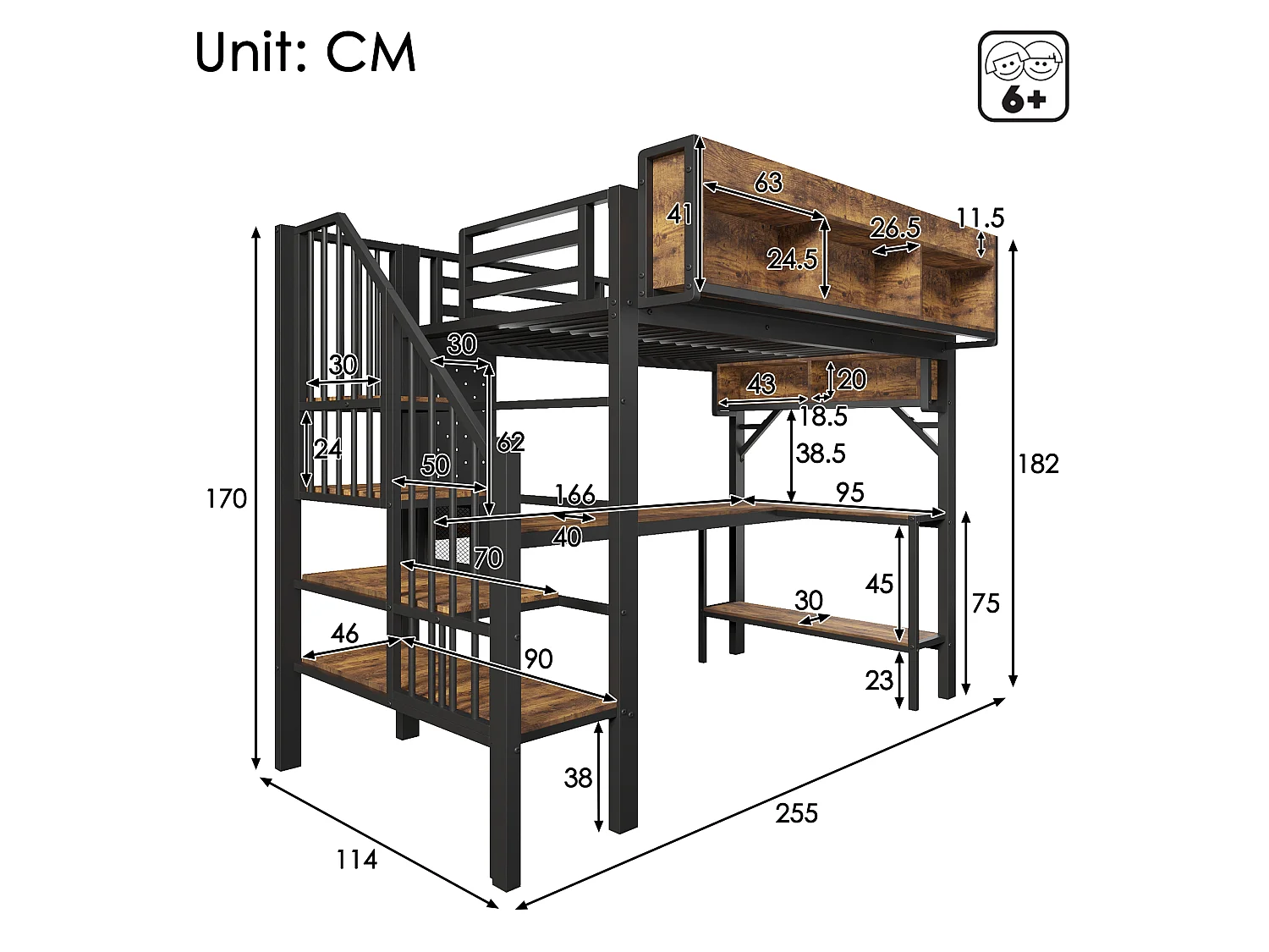 Lit mezzanine 90 x 200 cm - avec prise USB et lumière LED - avec bureau d'angle et espace de rangement - Noir (matelas non inclus)