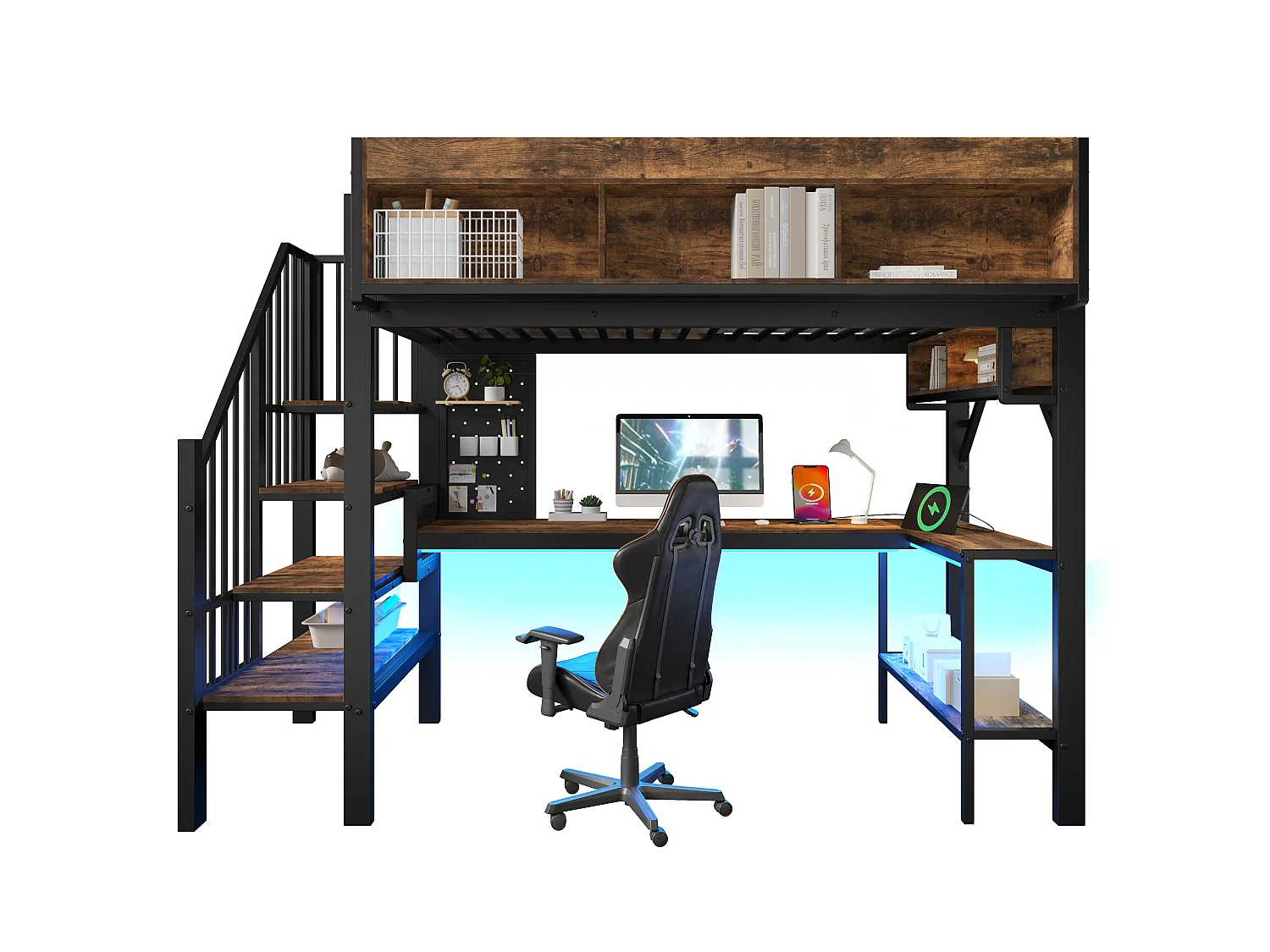Lit mezzanine 90 x 200 cm - avec prise USB et lumière LED - avec bureau d'angle et espace de rangement - Noir (matelas non inclus)