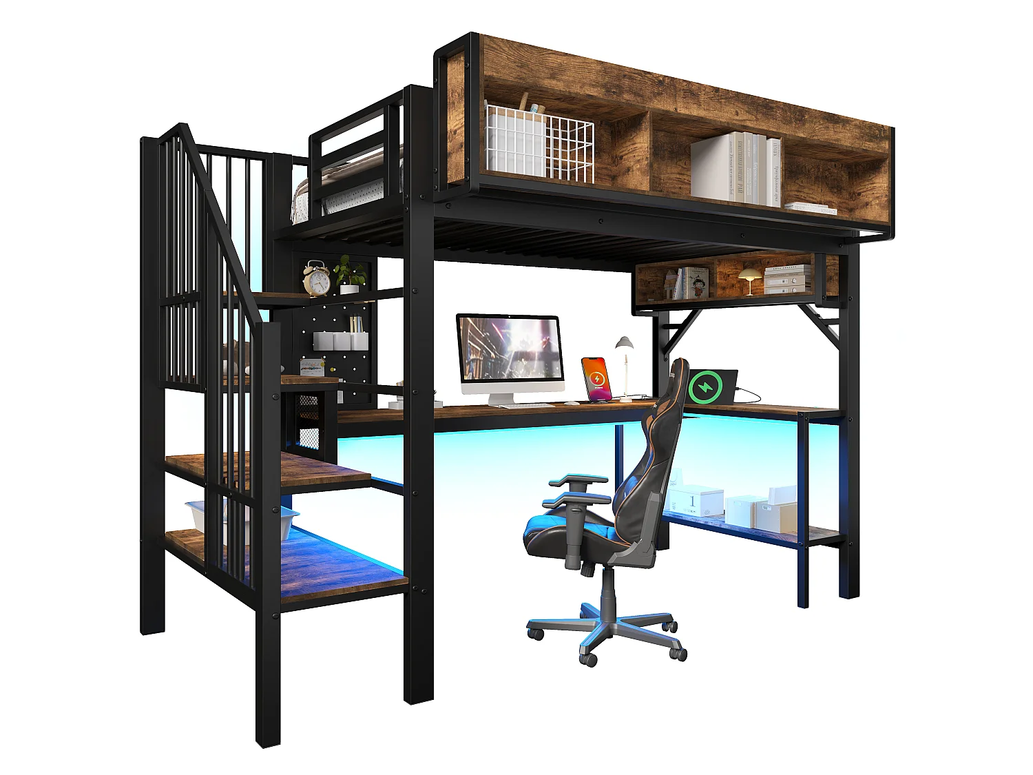 Lit mezzanine 90 x 200 cm - avec prise USB et lumière LED - avec bureau d'angle et espace de rangement - Noir (matelas non inclus)