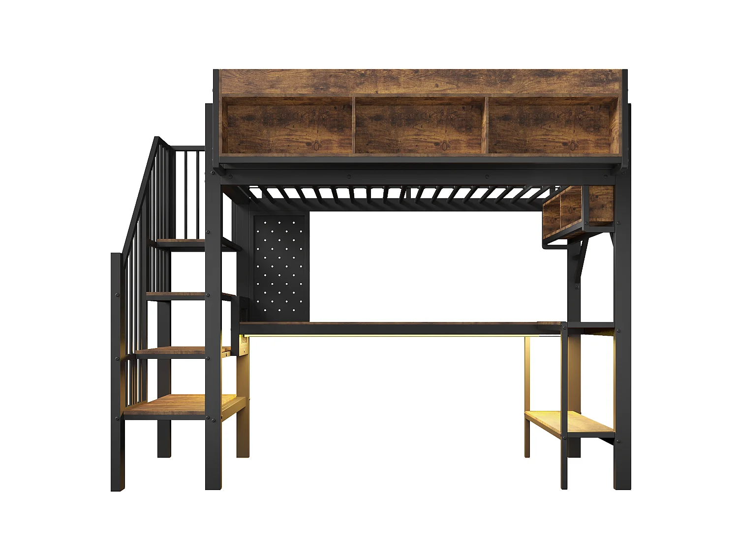 Lit mezzanine 90 x 200 cm - avec prise USB et lumière LED - avec bureau d'angle et espace de rangement - Noir (matelas non inclus)