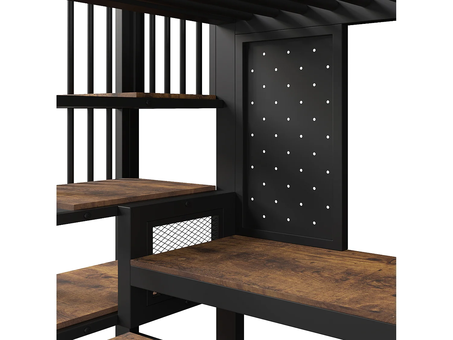 Lit mezzanine 90 x 200 cm - avec prise USB et lumière LED - avec bureau d'angle et espace de rangement - Noir (matelas non inclus)